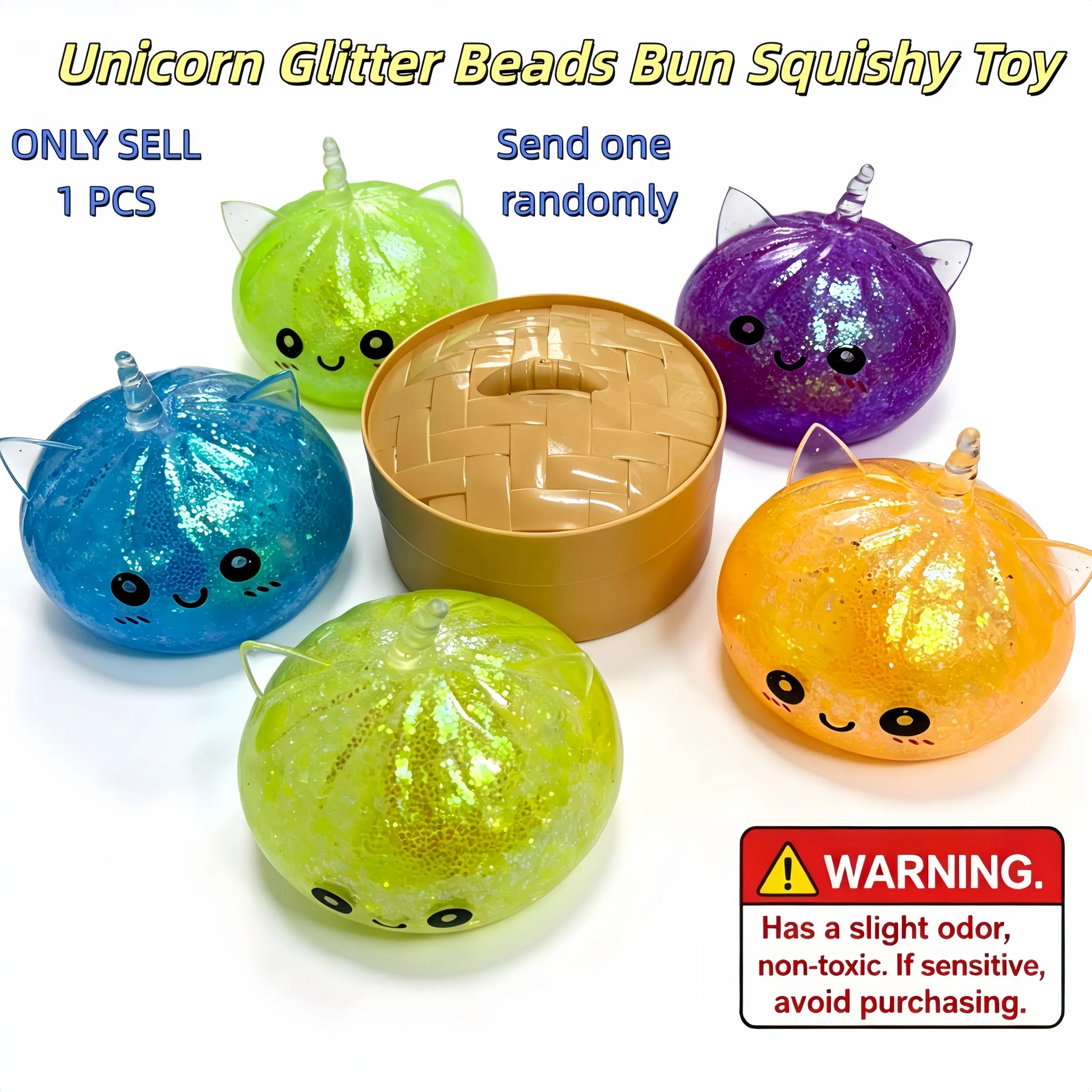 Unicorn Glitter Beads Bun Squishy Toy, Multi-Expression Dumpling Squishy Fidget Soft TPR Squeeze Toy Filled with Glitter & Beads, Random Styles Per Pack, Must-Have Stress Relief Gift for Adults & Kids