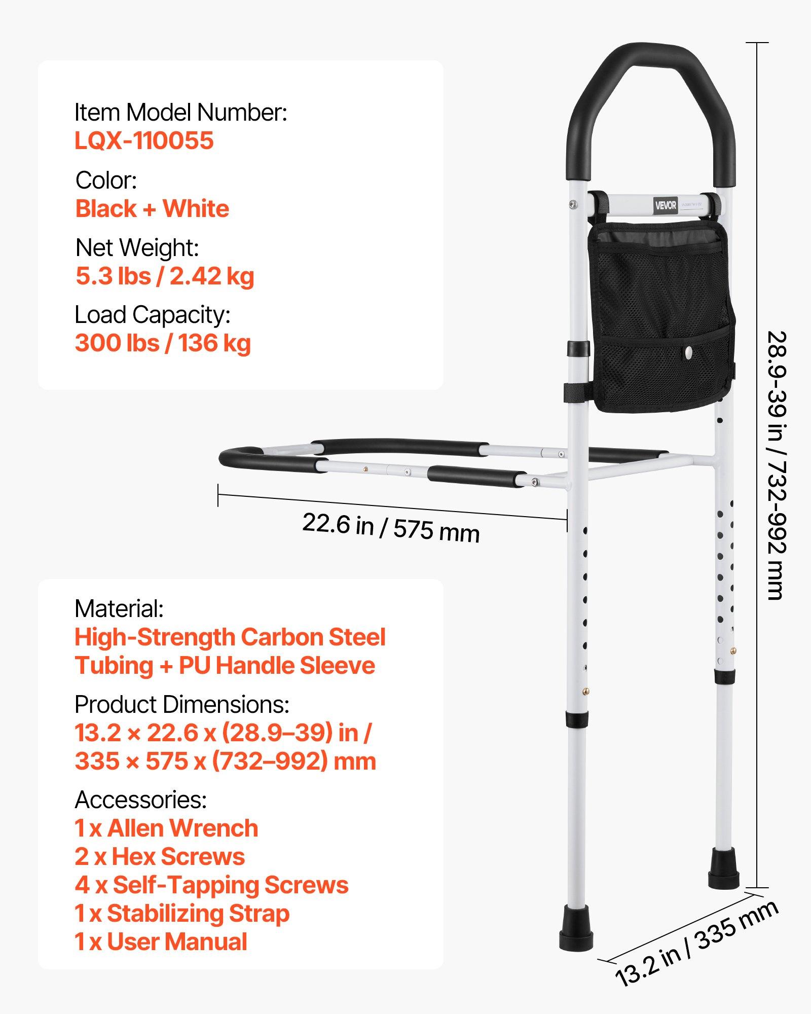 VEVOR Bed Rail for Elderly, Bedside Assist Rails with Supporting Leg and PU Handrail, Adjustable Height Carbon Steel Pipe Bedside Cane, Bed Bars for Seniors & Patients, Fits King, Queen, Full, Twin