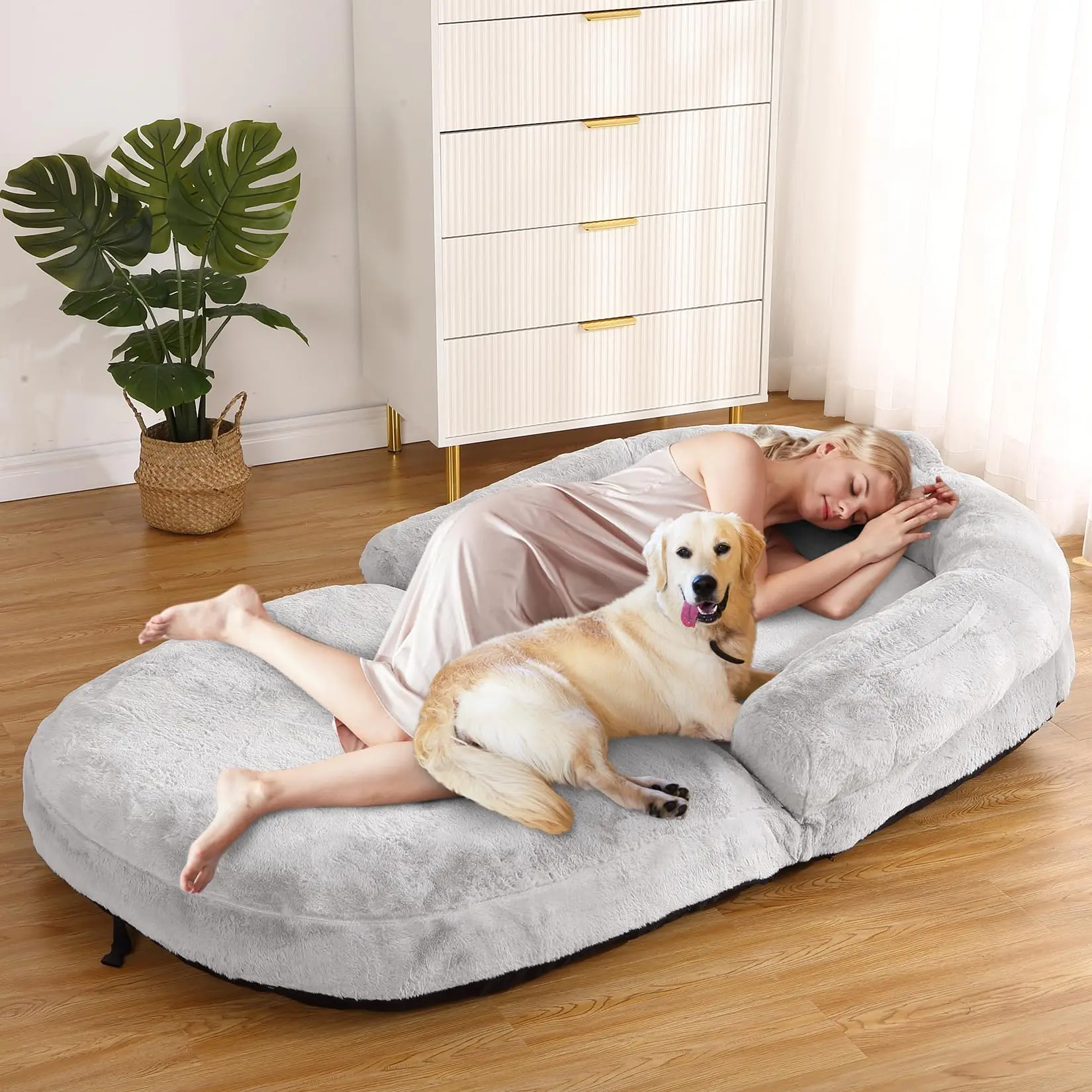 Garvee Human Size Foldable Dog Bed for Adults, 71"x43"x10", Giant Napping Bed with Washable Faux Fur Cover, Available in Light Grey and Dark Grey, Suitable for Humans and Pets