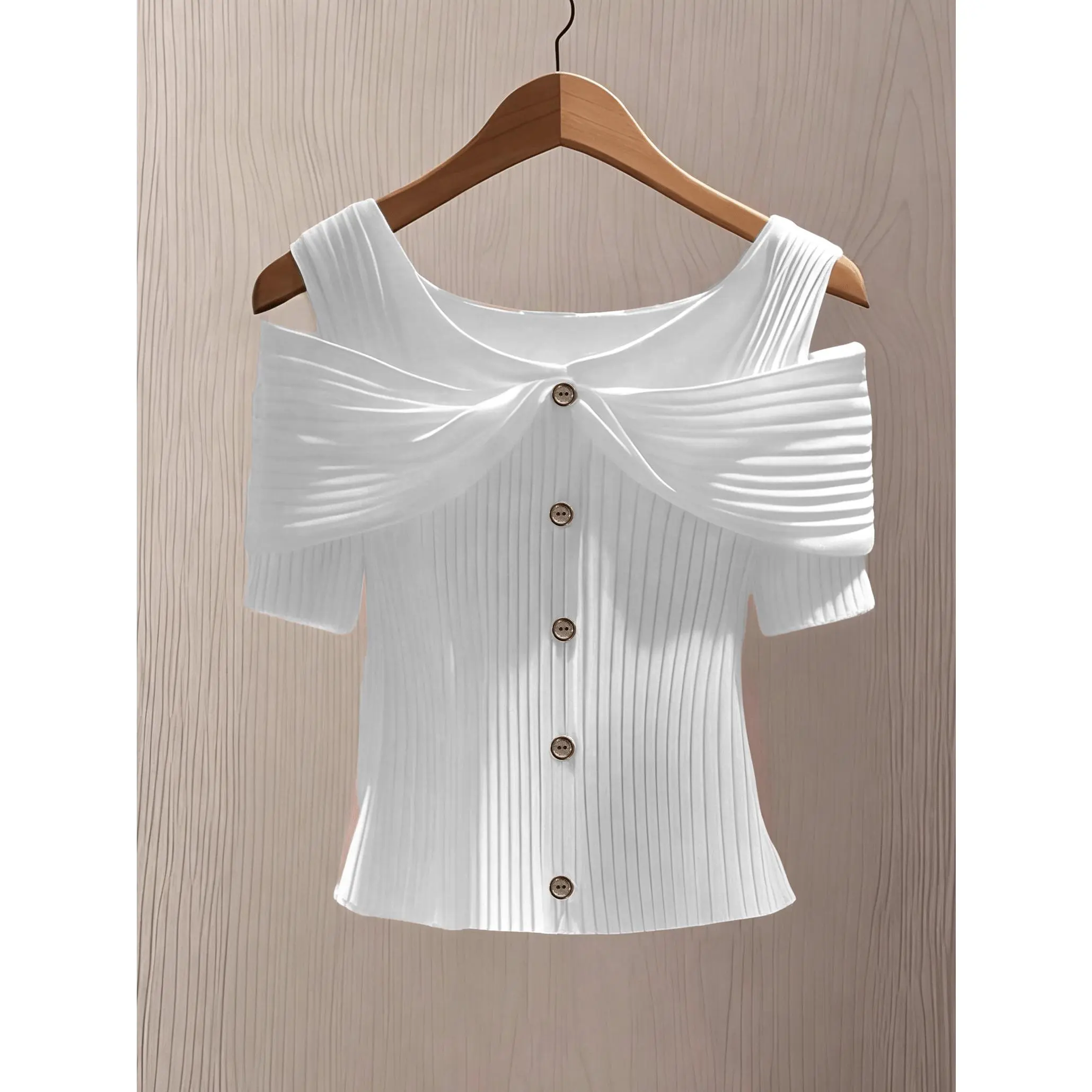 Women's Elegant Plain Regular Off-Shoulder Short Sleeve Button-Up Knit Polyester Blouse, Machine Washable Off Shoulder Tops for Women