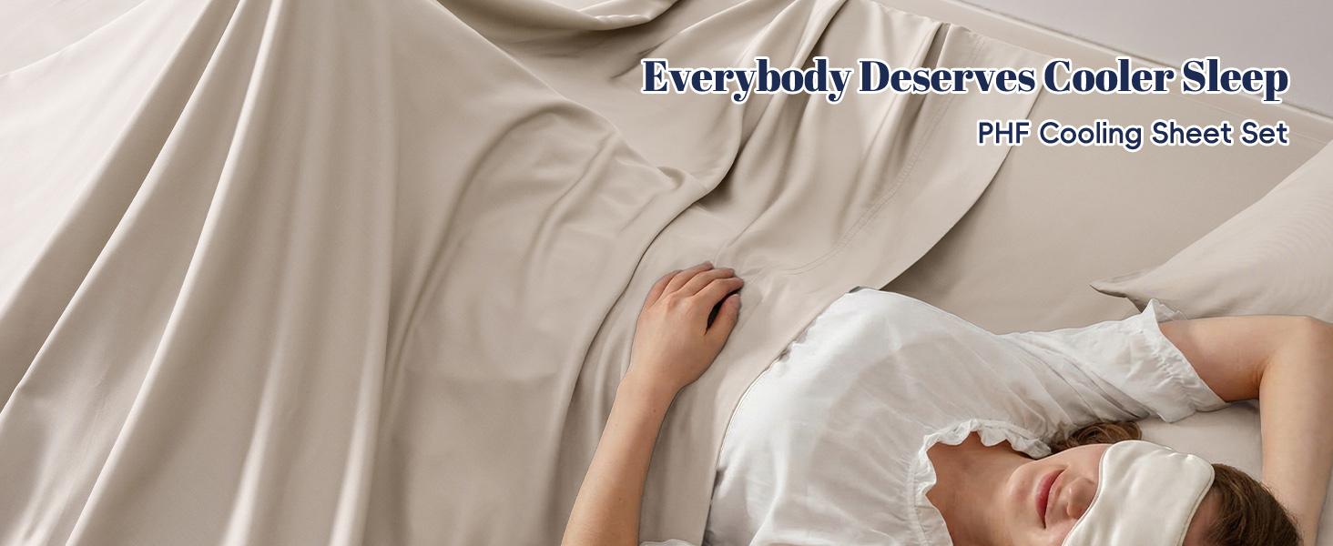 PHF 6PCS 100% Rayon Derived from Bamboo_ Sheets Set Queen Size, Cooling Sheets for Hot Sleepers, Wider Elastic Band & 16" Deep, Luxury Soft Breathable Bedding Set & Pillowcase, Natural