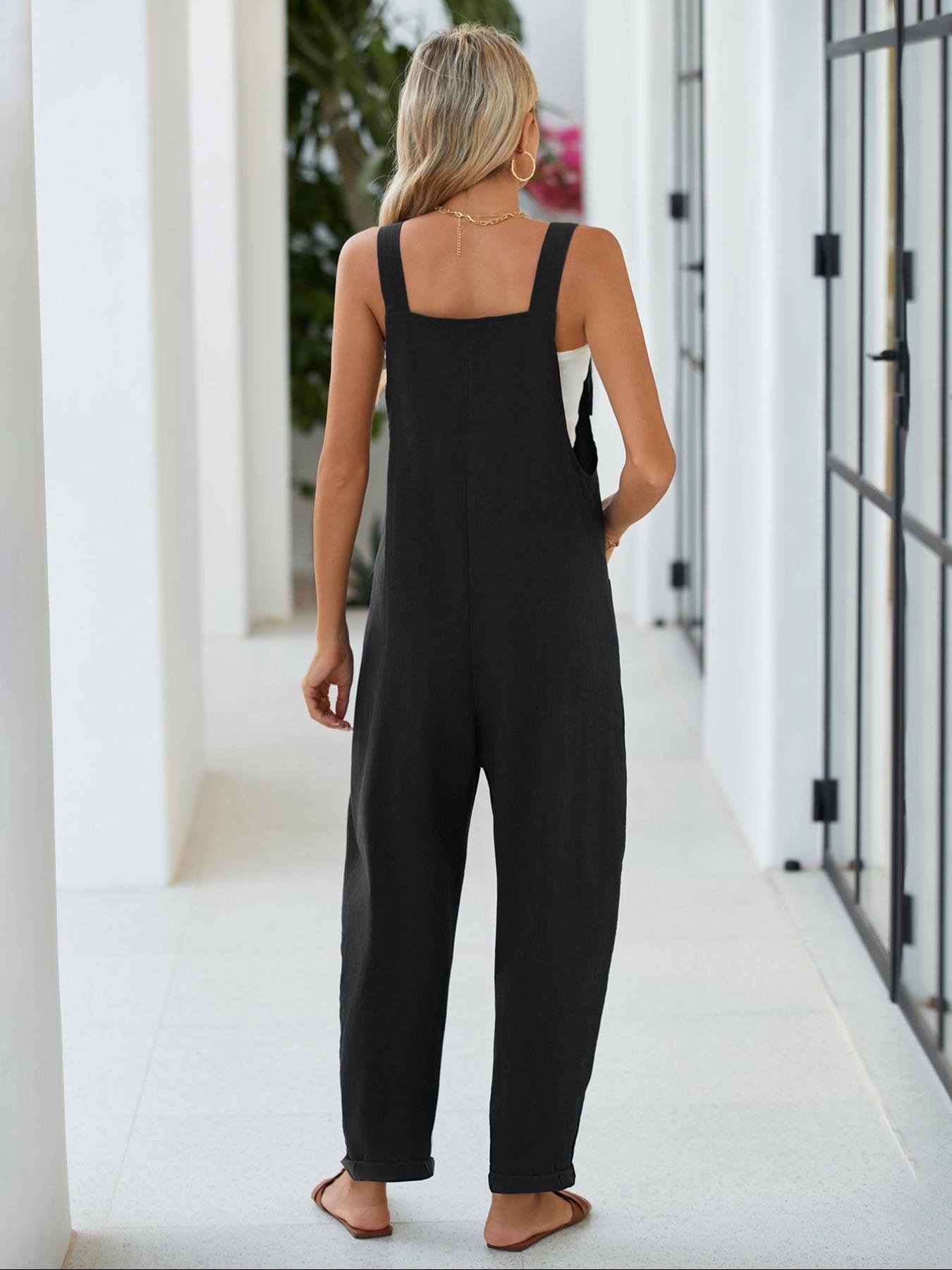 Women's Solid Color Jumpsuit, Casual Pocket Jumpsuit for Daily Wear, Ladies Clothes for All Seasons