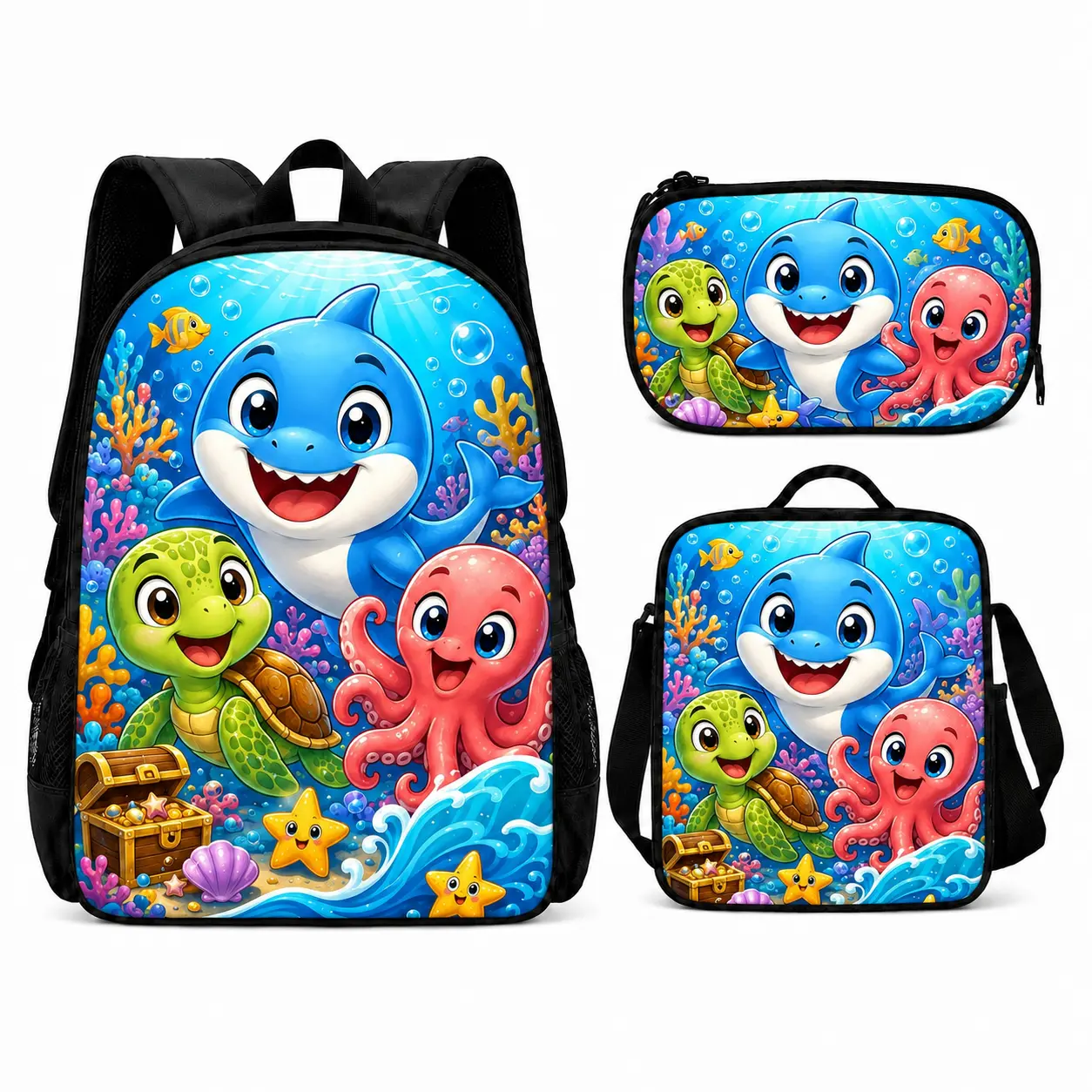3PCS Kids Backpack Set, Cartoon Ocean Animal Print School Backpack with Lunch Bag and Pencil Case, Shark Turtle Octopus Graphic Large Capacity Oxford Cloth Bookbag, Lightweight Travel Bag with Adjustable Shoulder Straps, Back to School Gift for Boys Girls