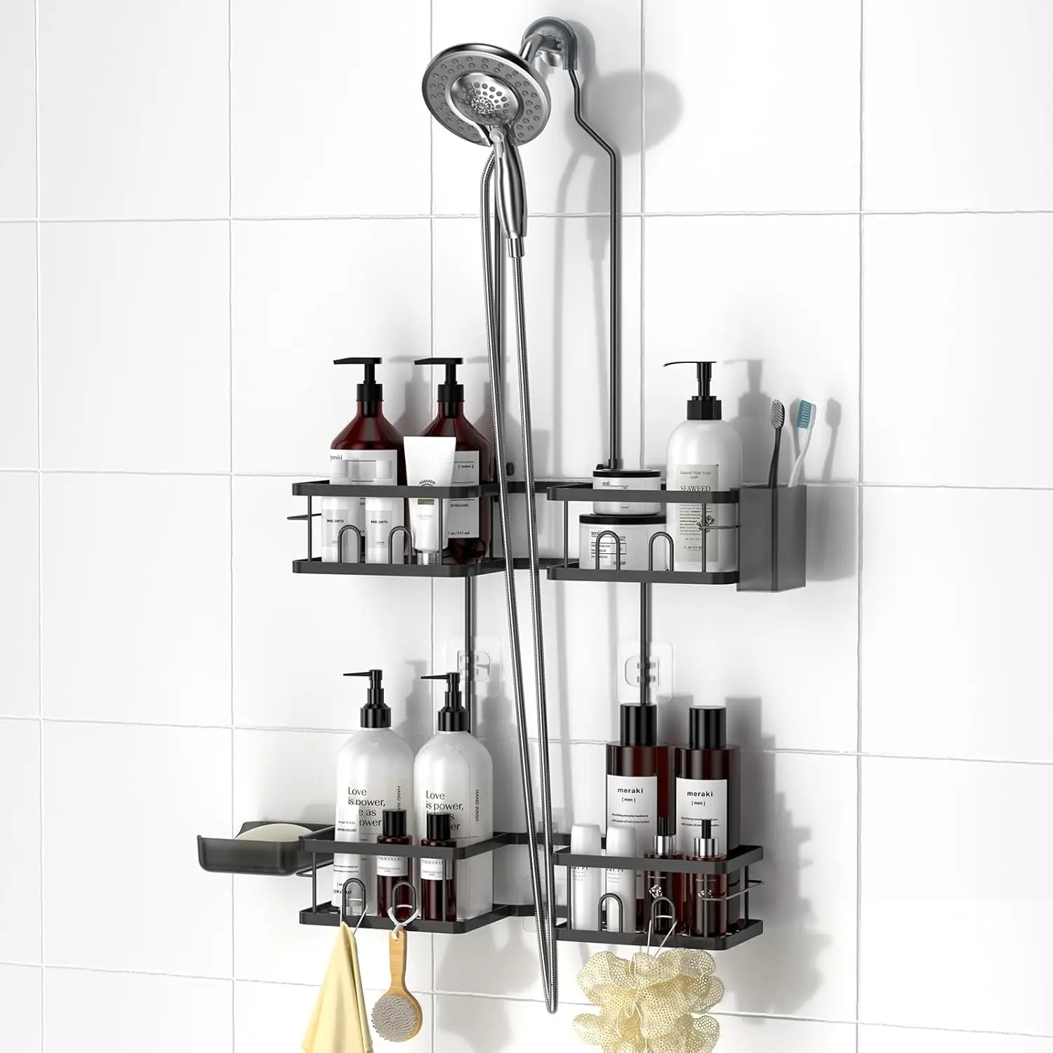 Black Adjustable Stainless Steel Hanging Shower Caddy with Rubber Anti-Swing Design, for Handheld Showerheads, Bathroom Organizer with Hooks, Soap Holder, Toothbrush Holder, Rustproof Bathroom Accessory