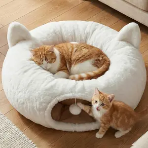 Tunnel Bed for Indoor Cats, Soft Plush Round Peekaboo  Bed Cave with Washable Cushion, Under Cristmas Tree  Donut Tunnel Toys for Kitten  Puppy (White)