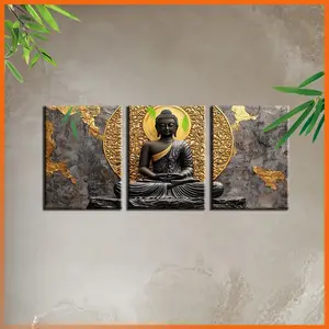 3Pcs 2D Canvas Wall Art, 2D Flat High Definition Printing Buddha Wall Art With Gold Accents, Stylish Wall Poster Decor For Bedroom, Bathroom, Kitchen, Living Room & Office, Ideal Holiday Gift For Halloween, Easter And Christmas