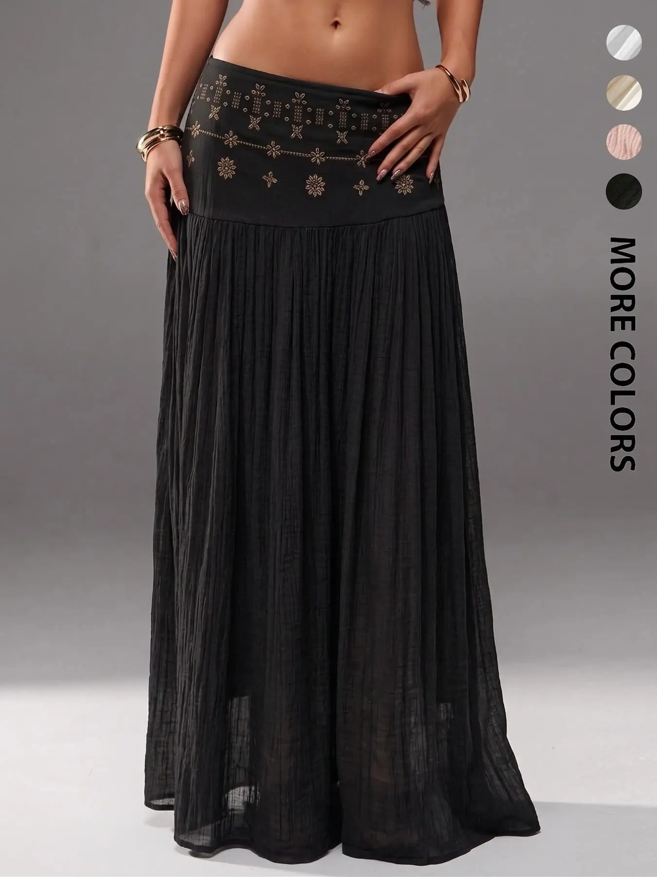 American Retro Black Embroidered High-Waisted Pleated Casual Chic Long Skirt Y2K Streetwear Viral Vibe