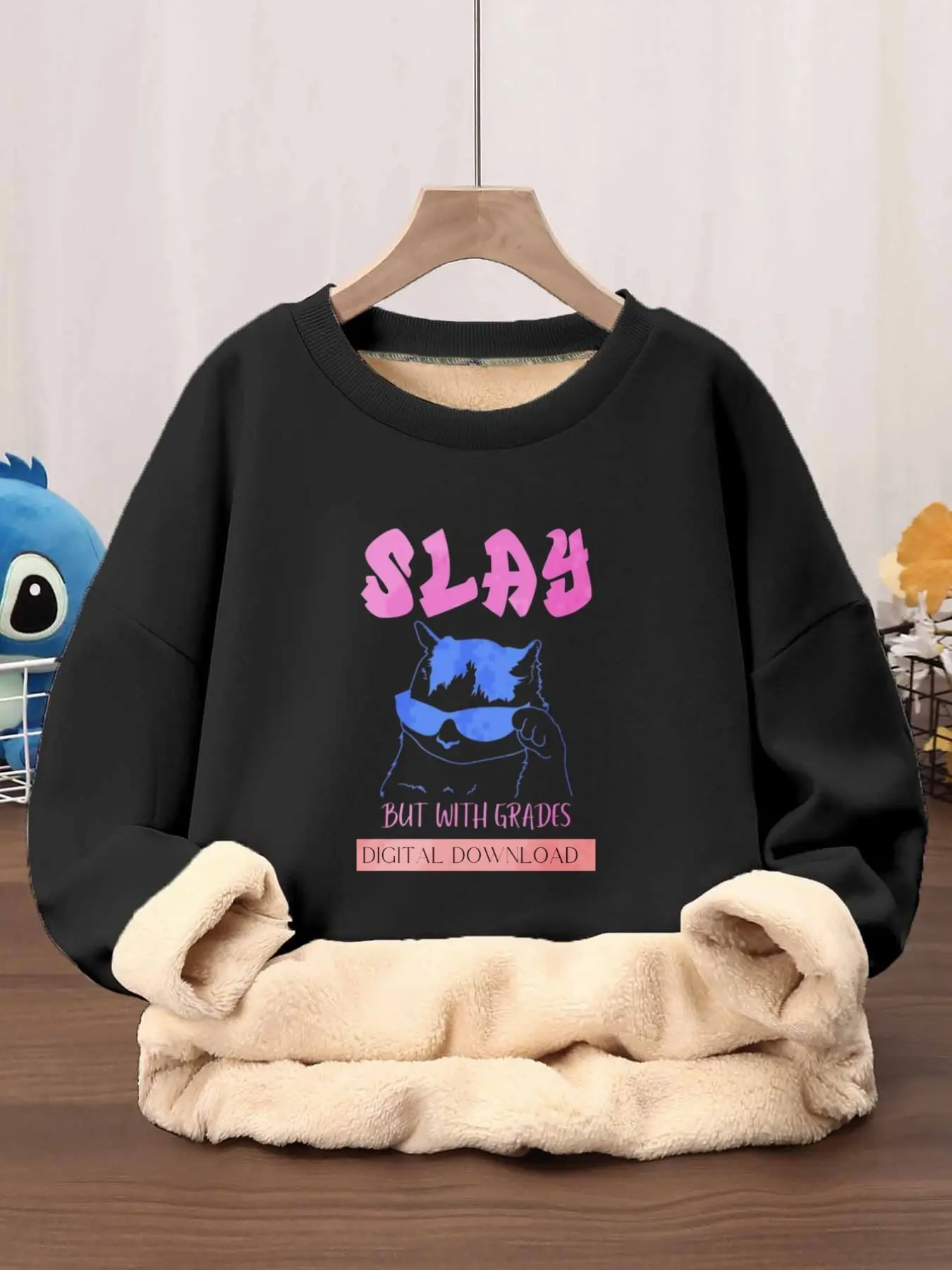 Cute Cat Print Long Sleeve Sweatshirt, Thickened Fleece Round Neck, Casual Loose Fit, Daily Wear, Trendy Letter Pattern