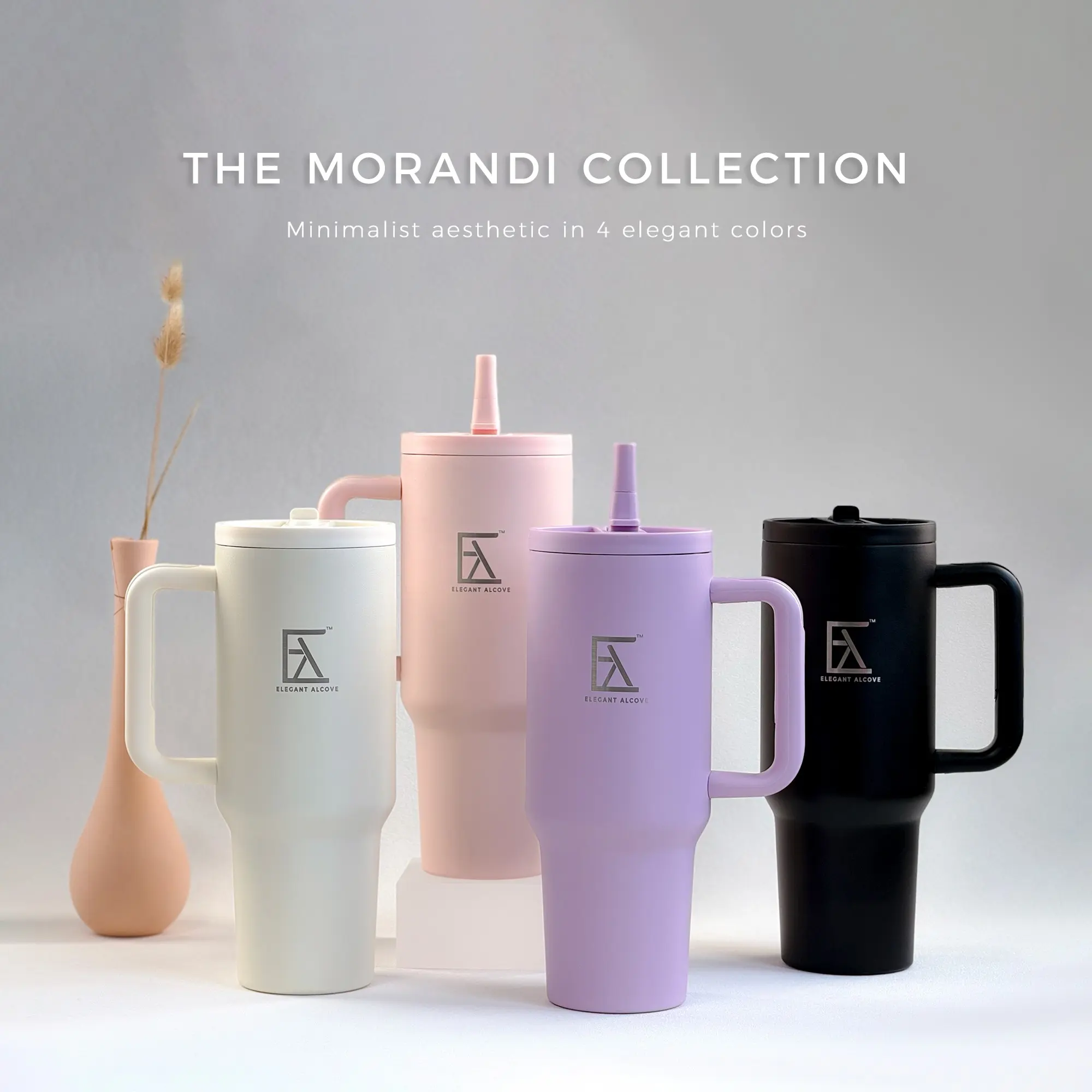 Morandi Insulated Cup with Handle, Foldable Straw, Aesthetic, Large Capacity Stainless Steel Double Wall Vacuum Tumbler, Leak-Proof, 12-Hour Heat/cool, Car Cup Holder Compatible