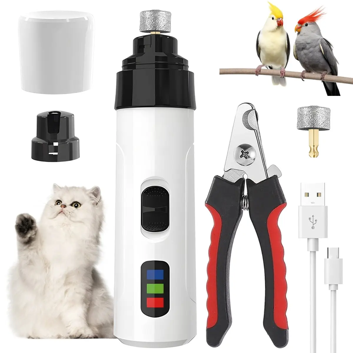 Pet Electric Nail Grinder Grooming Kit with 2 Grinding Wheels and 1 Claw Clipper, Pain-Free Pet Nail Clippers for Small to Medium Pets