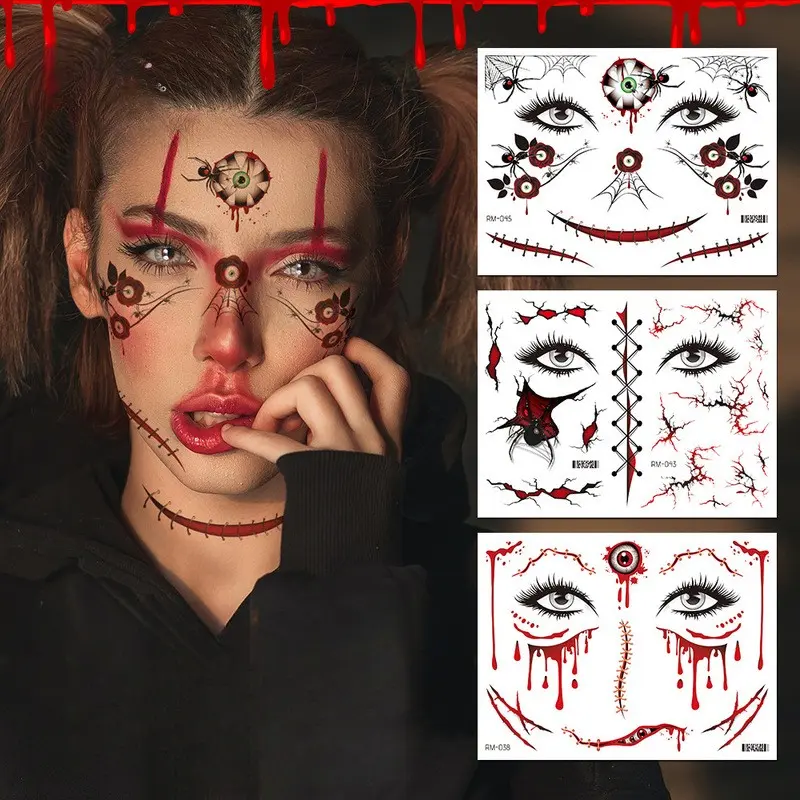 Halloween Scar Tattoo Simulation Set, 3 Pieces, Waterproof Face Stickers, Horror Makeup Tattoos, Fake Scars for Halloween