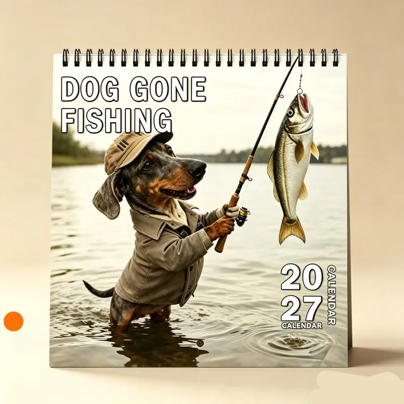 2027 Fun Cute Pet Fishing Themed Foldable Wall Calendar, perfect for dog lovers, with a 12-month large grid design, monthly photos and cover design, suitable for home, office, and daily planning, ideal Christmas and New Year gift