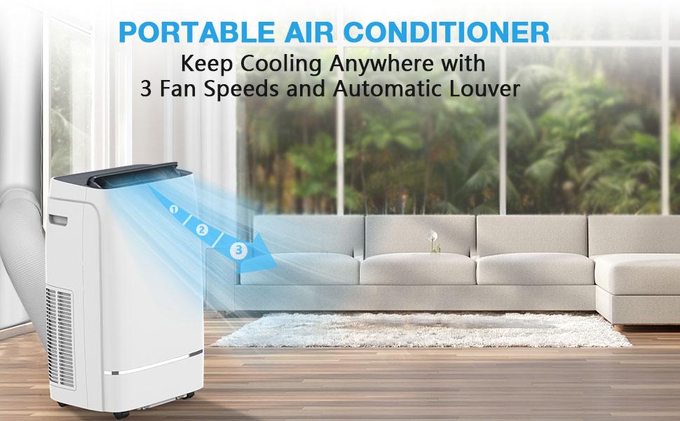 COWSAR Portable Air Conditioner, 12000 BTU/13000 BTU for Room up to 550sq. ft-600 sq. ft, Dehumidifier & Fan, Portable AC with 3 Fan Speeds, Automatic Louver Sweep,24H Timer, Remote Control, ECO