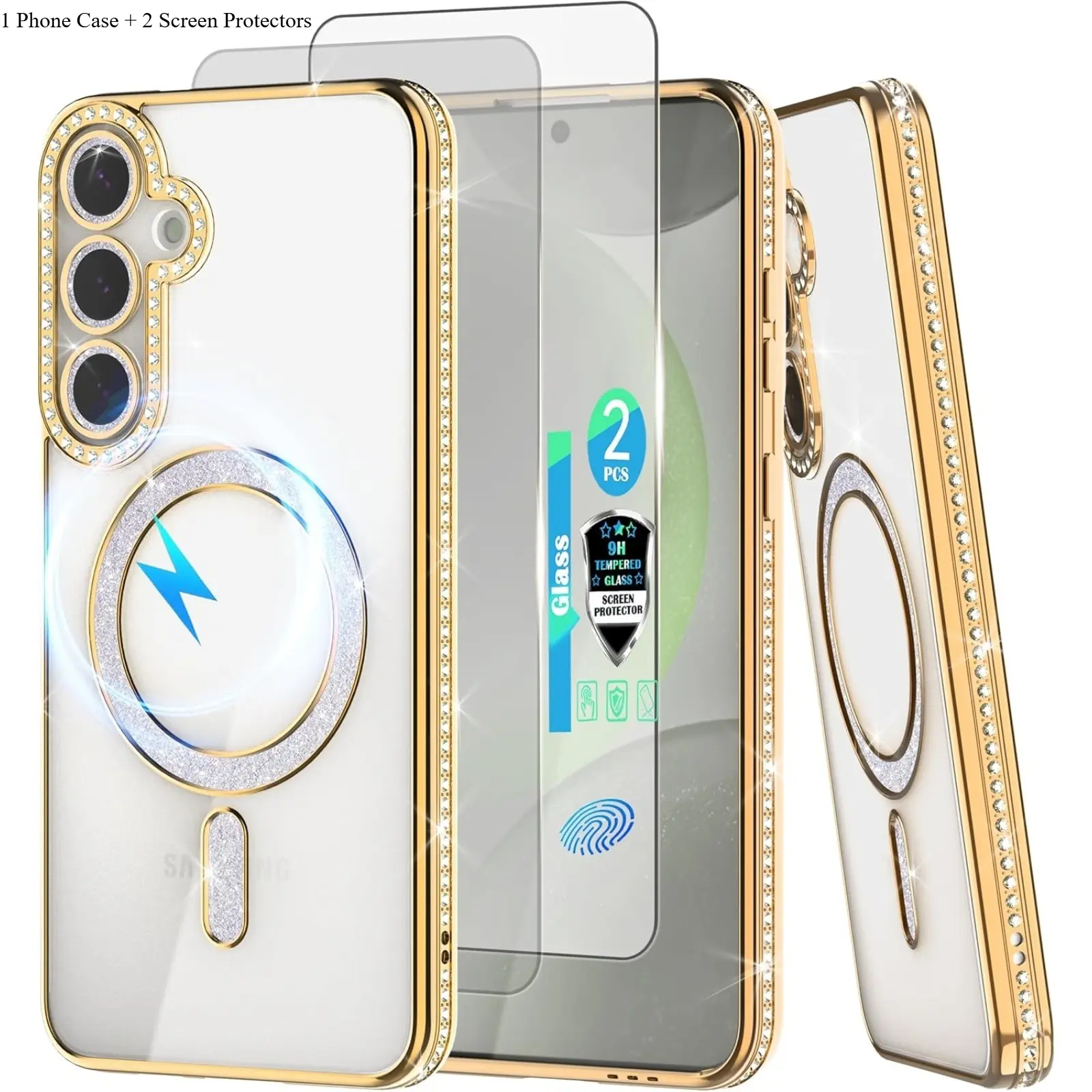 3 In 1 Bundle: Luxury Glitter Rhinestone Magnetic Phone Case1 + 2 Anti-Fingerprint Screen Protectors, Bling Diamond Fashion Protective Cover For Women Girls, Compatible for Samsung A27/A37/A57/A56/S26/S25/S24/S23 Edge/Ultra/Plus/FE