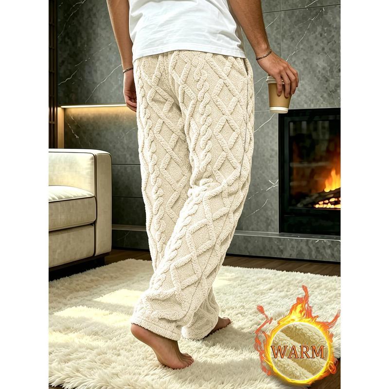 Male Baggy Thick Wool Loose Fit Joggers - Plaid Polyester Jacquard Plush Trousers, Elastic Waist Drawstring, Quick Dry, Winter Warm, Indoor Home Work Sports & Outdoor Pants