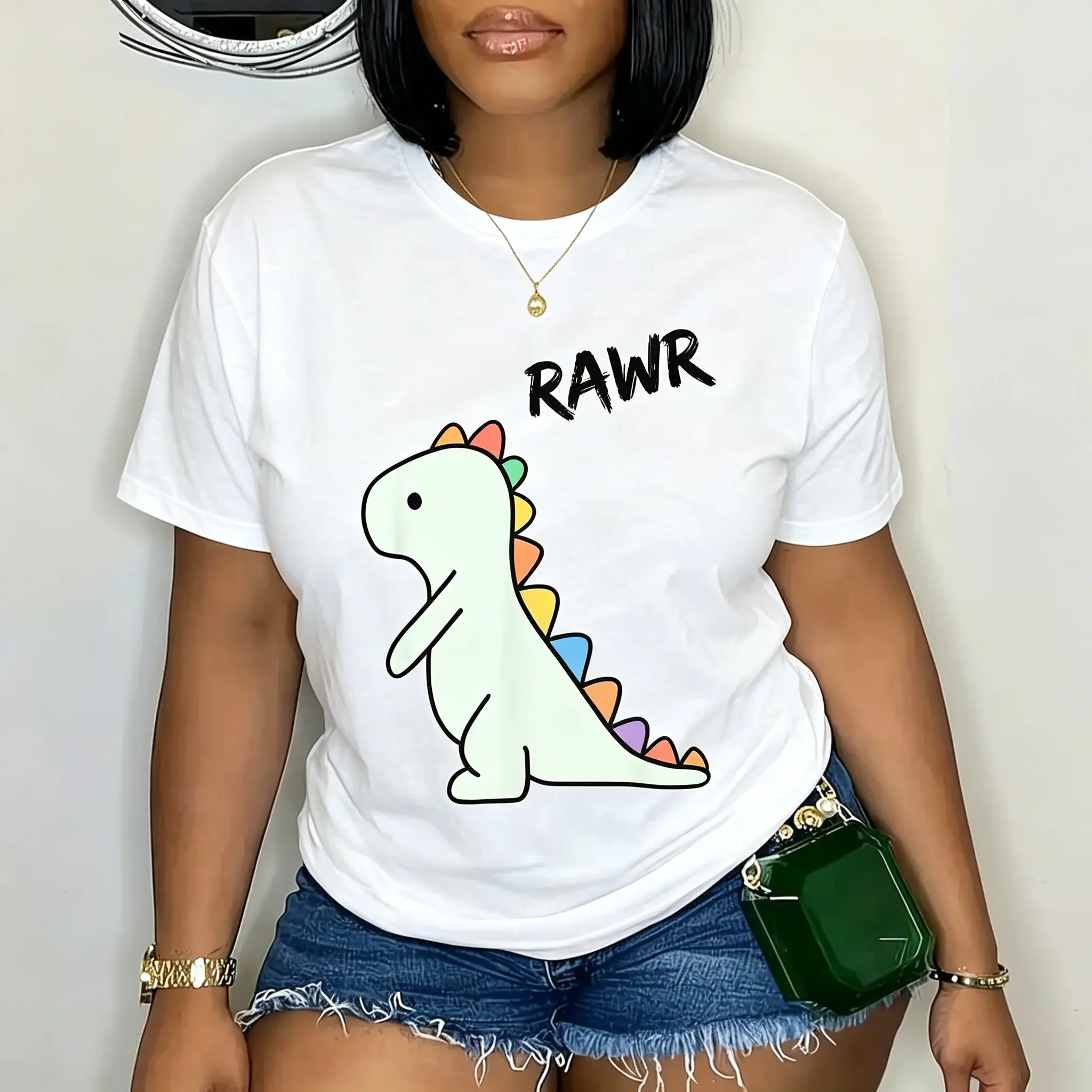 Cute Roaring Dino Cartoon T Shirt Womens 100 Cotton Graphic Tee Crew Neck Short Sleeve Casual Streetwear Everyday