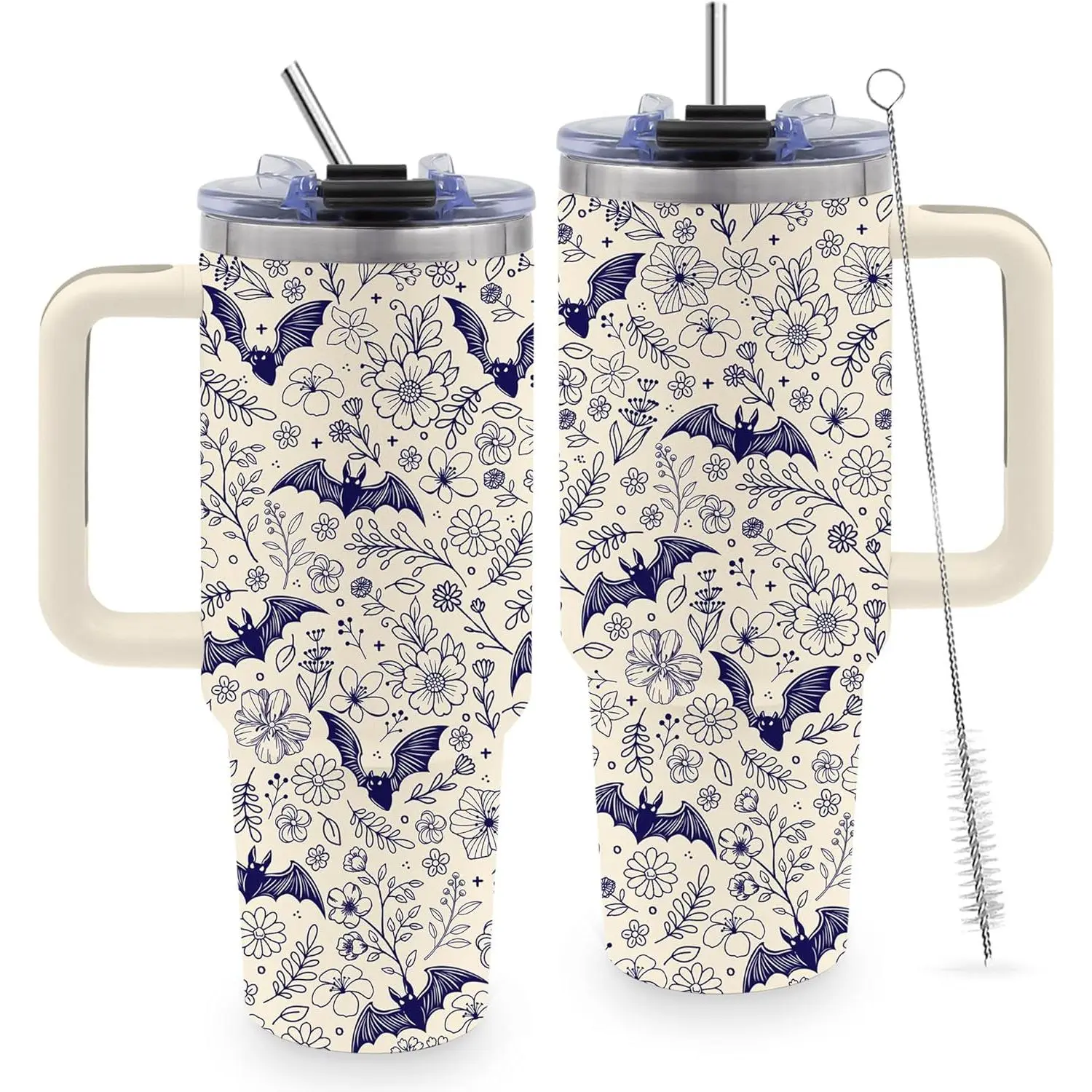40 Oz Insulated Stainless Steel Halloween Tumbler - Beige Bat Goth Portable Leakproof Flask with Handle, Straw, Lid, Coffee Travel Mug for Men, Women as Halloween, Christmas Gifts