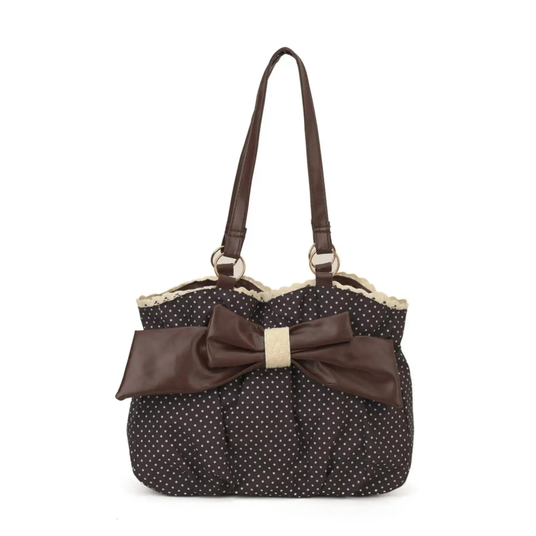 Women’s Polka Dot Tote Bag, Cutecore Bow Shoulder Purse with Lace Trim Detail, Vintage Large Capacity Handbag for Everyday Use & Travel