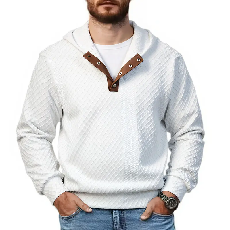 Men's Casual Polyester Diamond-Patterned Jacquard Sweatshirt - Contrasting Snap-Button Front Placket, Foldable Drawstring Hood, Loose-Fit Longsleeves, Suitable for Daily Commuting & Urban Wear (Spring, Autumn) - Menswear Top, Contrasting Placket