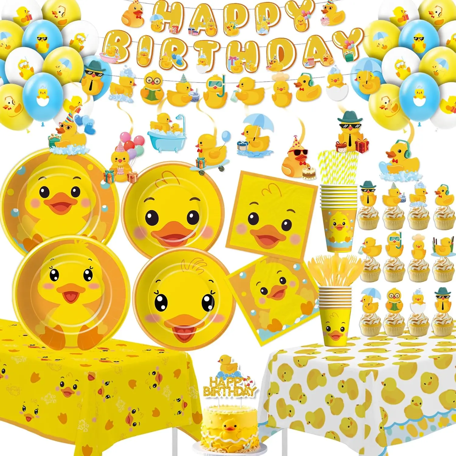 Cartoon Print Yellow Rubber Duck Toddler Party Supplies Set - Birthday, Baby Shower Decorations with Photo-Worthy Paper Plates, Cups, Napkins, Tablecloth, Banner, Garland, Swirls, Balloons, Cake Topper, Cutlery, Straws (Serves 24), Cute Party Supplies