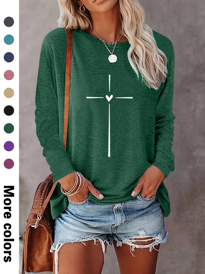 Women's Heart & Cross Print Round Neck Tee, Casual Long Sleeve Crew Neck T-shirt for Spring & Fall, Fashion Women's Top for Daily Wear
