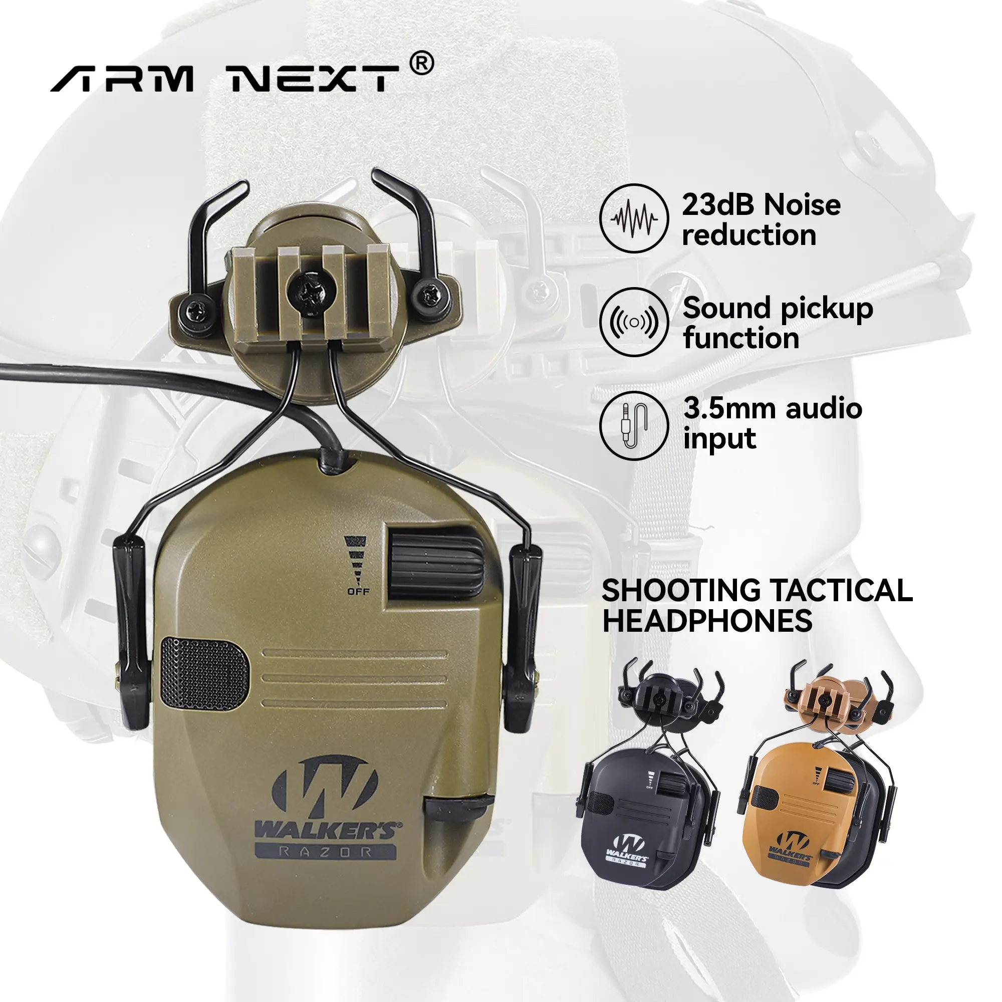 Helmet Mounted Electronic Shooting Earmuffs, Ear Protectors, NRR 23dB Noise Reduction, Ambient Sound Pickup, 3.5mm AUX Port, Hearing Protection for Shooting Range & Hunting