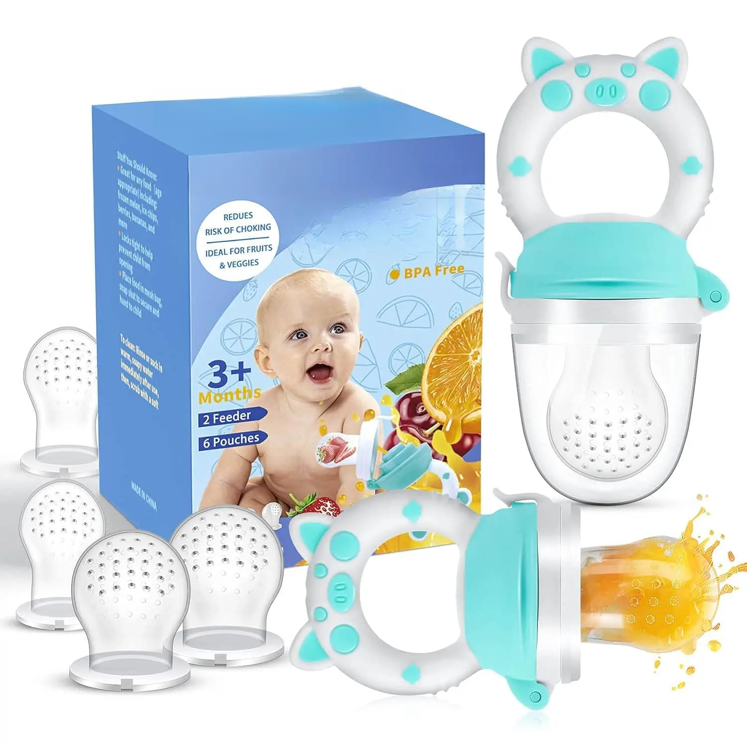 Baby Fruit Feeder Pacifier – Fresh-flavored teething pacifier, fruit teething toy suitable for babies aged 3-24 months, 6 silicone pacifiers, designed for toddlers, children, and infants, with a pig-shaped handle, 2-pack (blue)