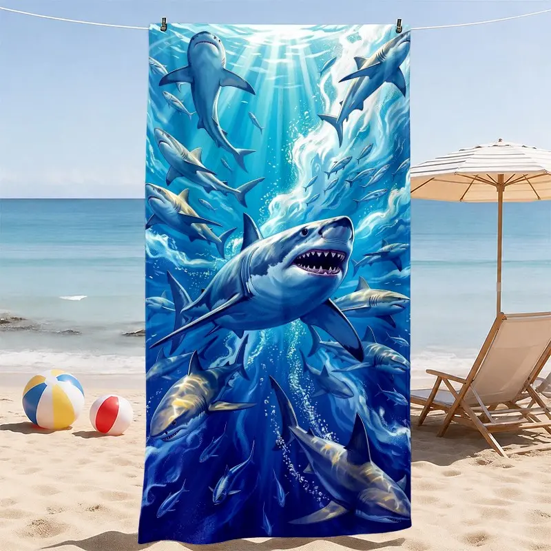 1pc Ocean Shark Beach Towel, Marine Animal Pattern Soft Absorbent Lightweight Quick Dry Towel for Beach, Pool, Travel, Camping and Outdoor Use, Fun Summer Holiday Gift for Kids, Men and Family