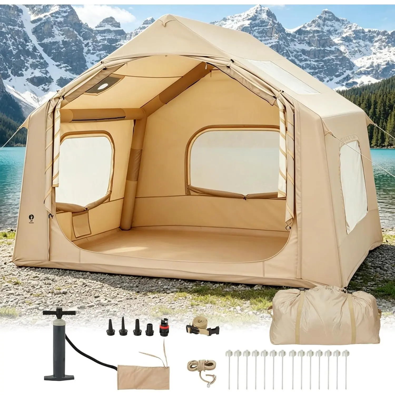 Inflatable Camping Tent for 3-5 Person, Quick Setup Blow Up Tent with Hand Pump, 210D Oxford Air Glamping Tents with Skylight & Stove Jack, 4 Season for Outdoor Camping, Beach, Hiking