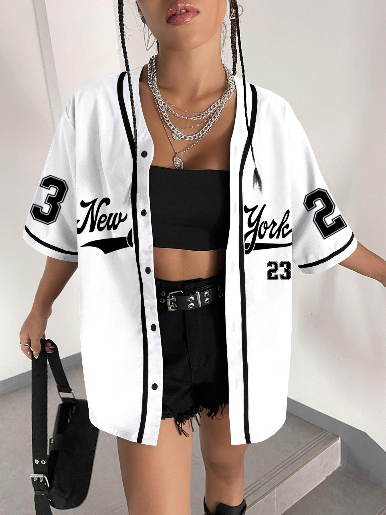 Women's Number Print Baseball Jersey, Casual Fashion Loose Letter Print Short Sleeve Button Design Blouse for Daily Wear, Ladies Clothes for All Seasons