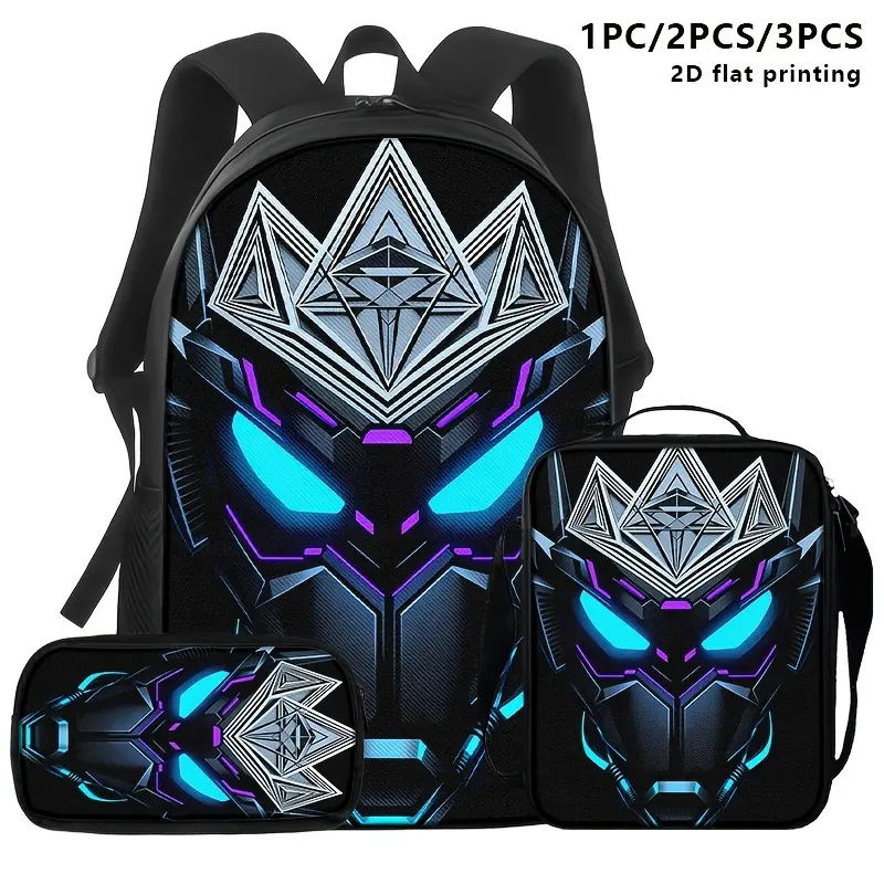 1pc/2pcs/3pcs Backpack, Shoulder Bag, and Pouch with Cyberpunk-themed Armor Face Black Base with Silvery Geometric Patterns and Glowing Cyan/purple Accents. Ideal for Adults in Daily Commute, Study, or Travel.