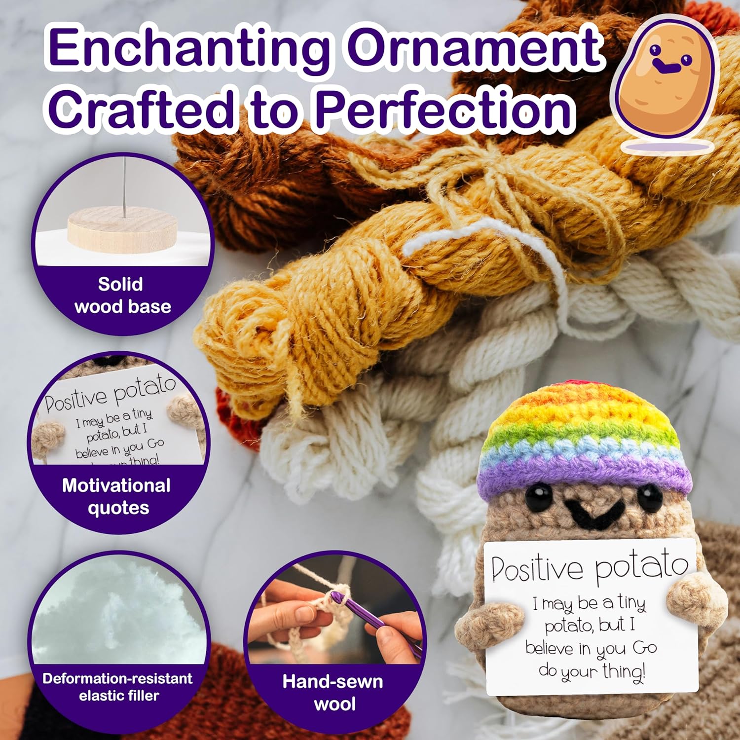 Adorable Marlo & Buzz crochet potato plush with stand! This funny emotional support toy offers comforting motivation for stress and anxiety relief, perfect as charming home decor. Soft, cute, and full of warm energy to cheer you up every day.