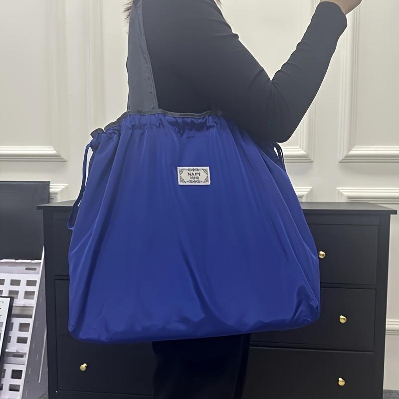 Chic Two-Tone Drawstring Shopping Bag - Foldable, Fixed Shoulder Strap, with Label Patch, Ideal for Daily Use, Large Capacity Bag