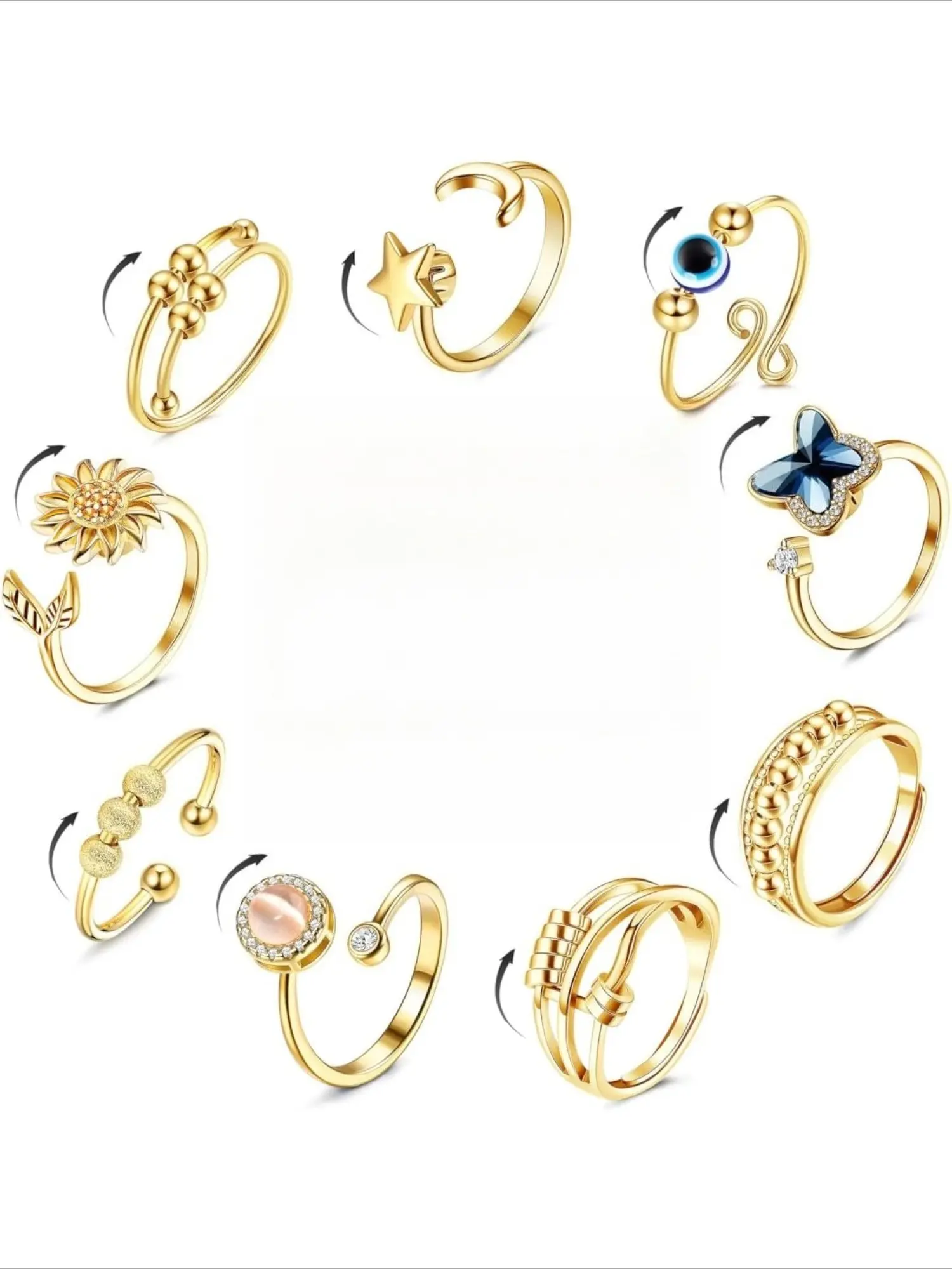 9 Pcs Fidget Spinner Worry Ring Set for Men Women, Stress & Anxiety Relief Rotatable Open Adjustable Rings, CZ Flower Moon Star Unisex Stackable Fashion Jewelry, Costume Jewelry Rings