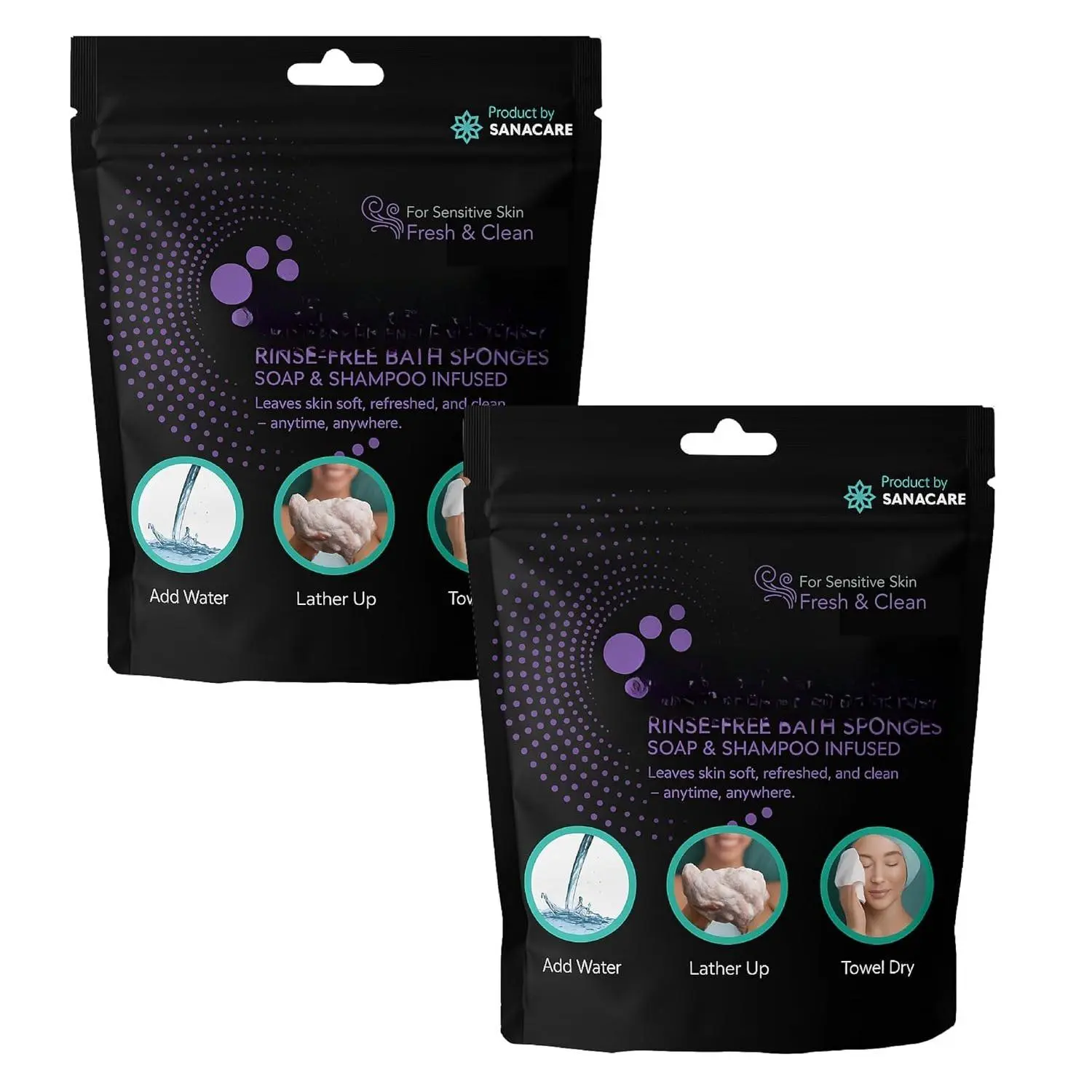 Rinse-Free Bath Sponges, & Clean,  -25ct- 2 Pk