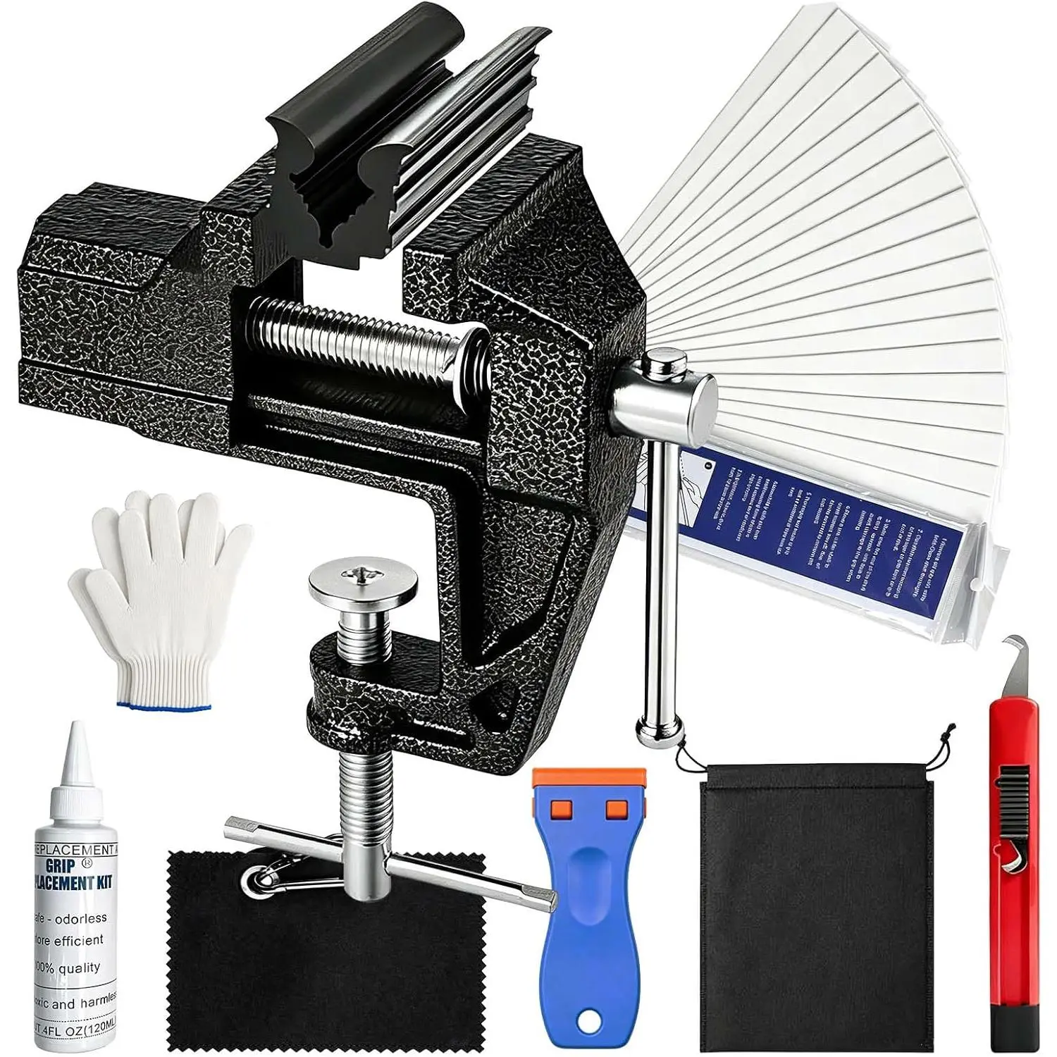 Golf Grip Kit for Regripping Golf Clubs, Complete Golf Club Regripping Kit with Vise Clamp, Rubber Shaft Clamp, Hook Blade, Grip Solvent & Repair Tools, Golf Grip Replacement Tool Set for DIY Club Repair