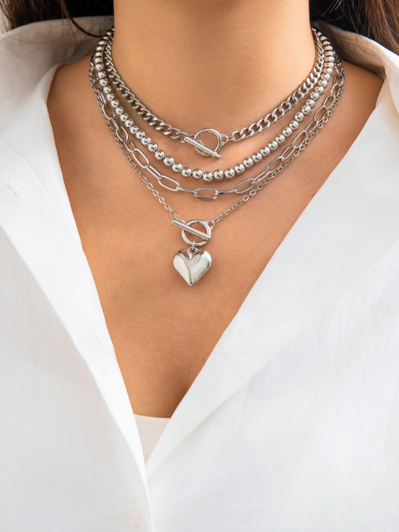 Women's Punk Style Love Heart Necklace & Chain Necklace & Beaded Necklace, Stackable Clavicle Chain, Multilayer Necklace, 4pcs/set Trendy Ot Buckle Design Matching Necklaces, Chic All-match Jewelry As Gift for Girlfriend, Exquisite Jewelry Gift