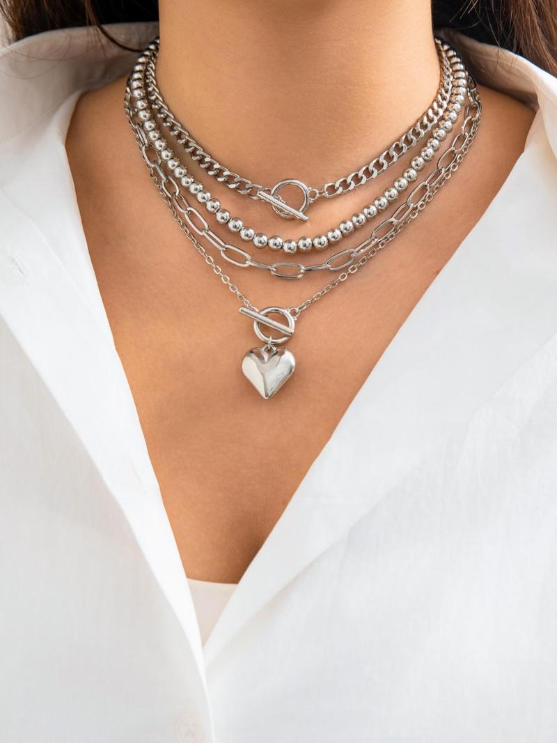 Women's Punk Style Love Heart Necklace & Chain Necklace & Beaded Necklace, Stackable Clavicle Chain, Multilayer Necklace, 4pcs/set Trendy Ot Buckle Design Matching Necklaces, Chic All-match Jewelry As Gift for Girlfriend, Exquisite Jewelry Gift
