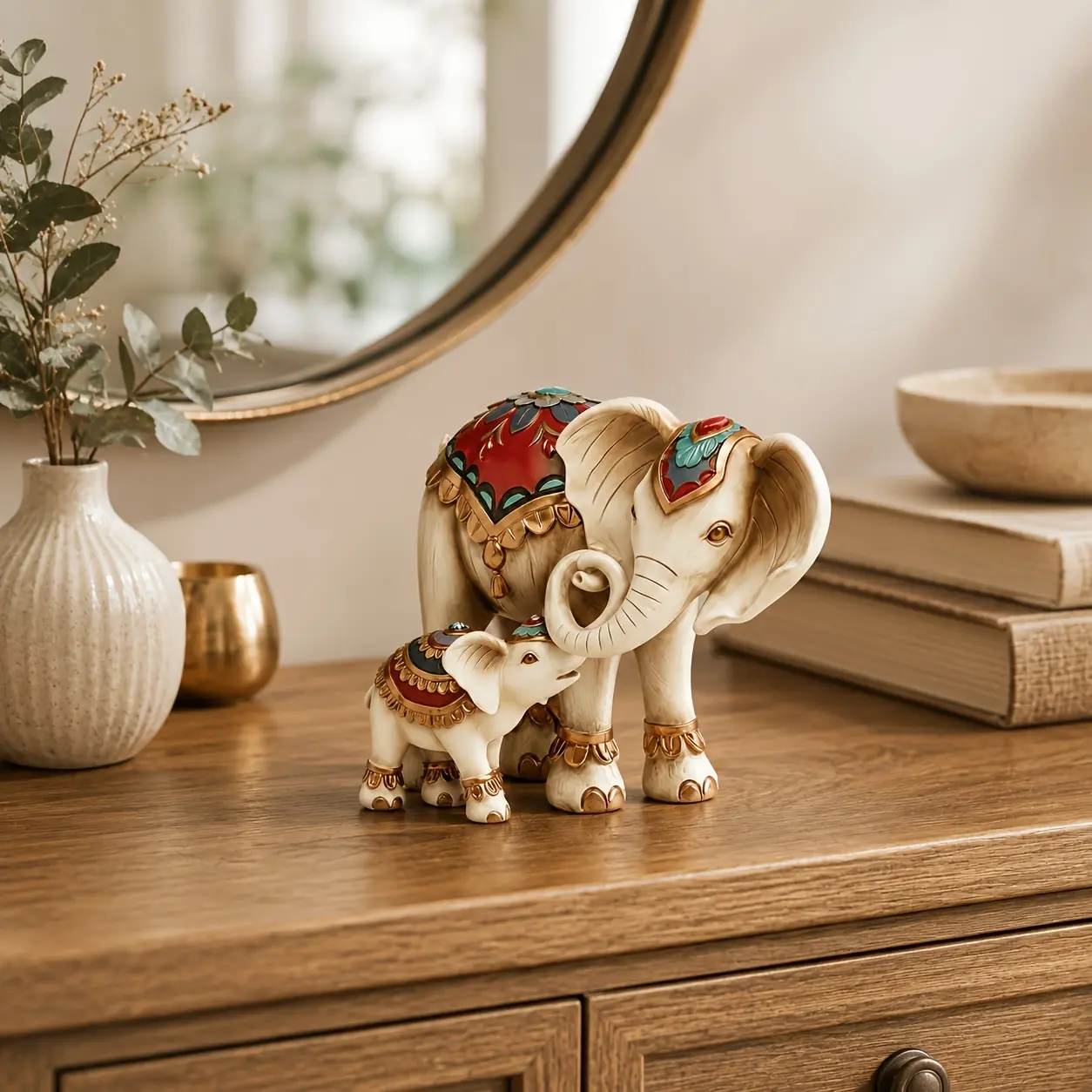 Vintage Painted Tile-Inlaid Mother and Baby Elephant Decorative Ornament, Exotic Style Resin Craft for Home Entryway, Living Room, Creative Gift