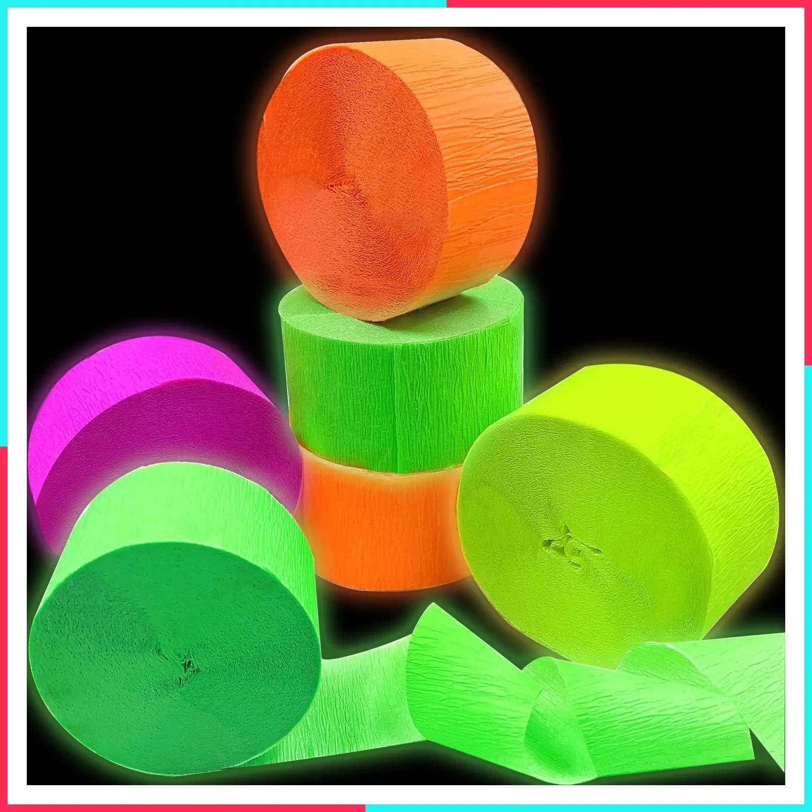 420ft Blacklight Party Streamers, 4 Rolls Glow Crepe Paper, UV Reactive Fluorescent Neon Decorations for Wedding, Birthday, Neon Party, Fiesta