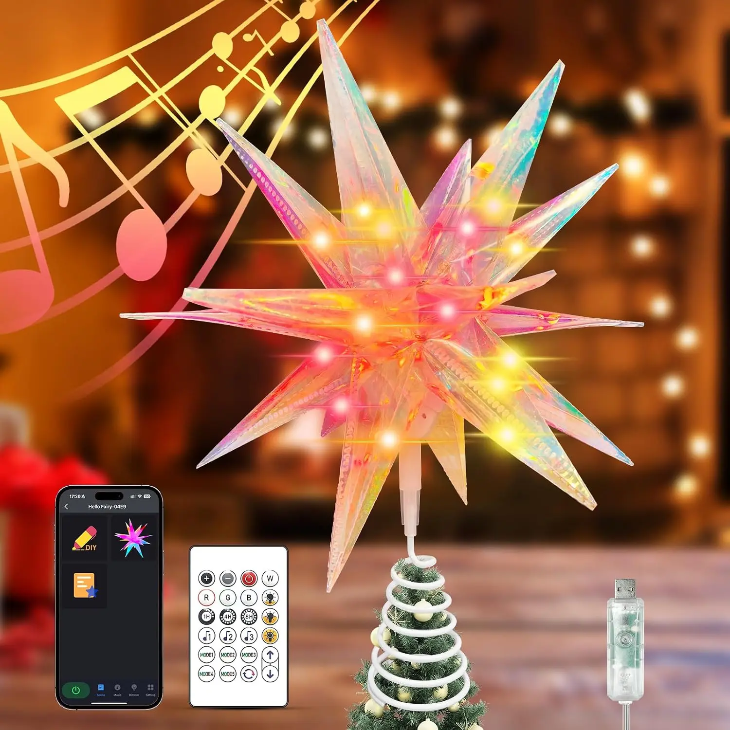 Christmas Tree Topper, 11.8"  Tree Topper Decorations with App and Remote Control,  Fantasy Colors Xmas Decor  Sync Custom Colors LED Christmas Light