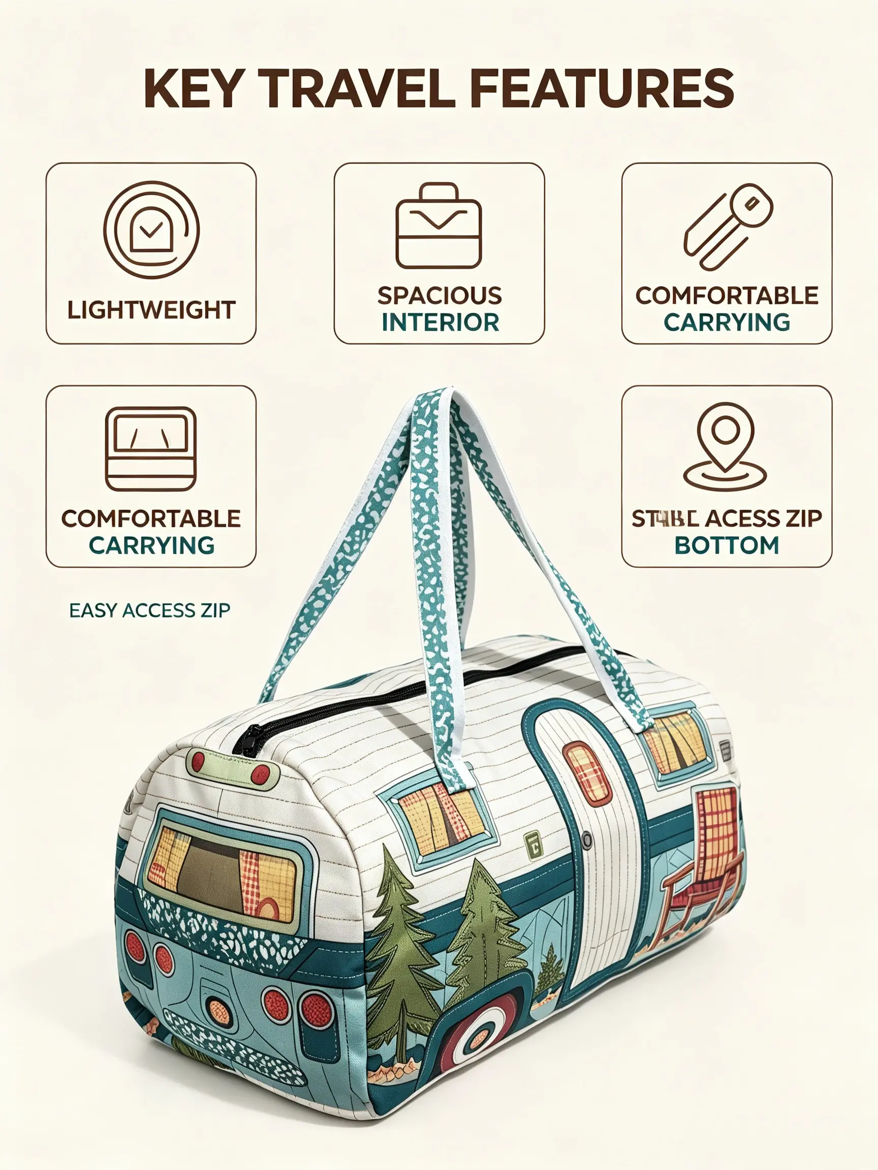 1 Piece Cartoon Forest Camper Pattern Carry On Duffel Bag, Lightweight Durable Barrel Travel Gym Bag for Road Trips, Vacation & Daily Use