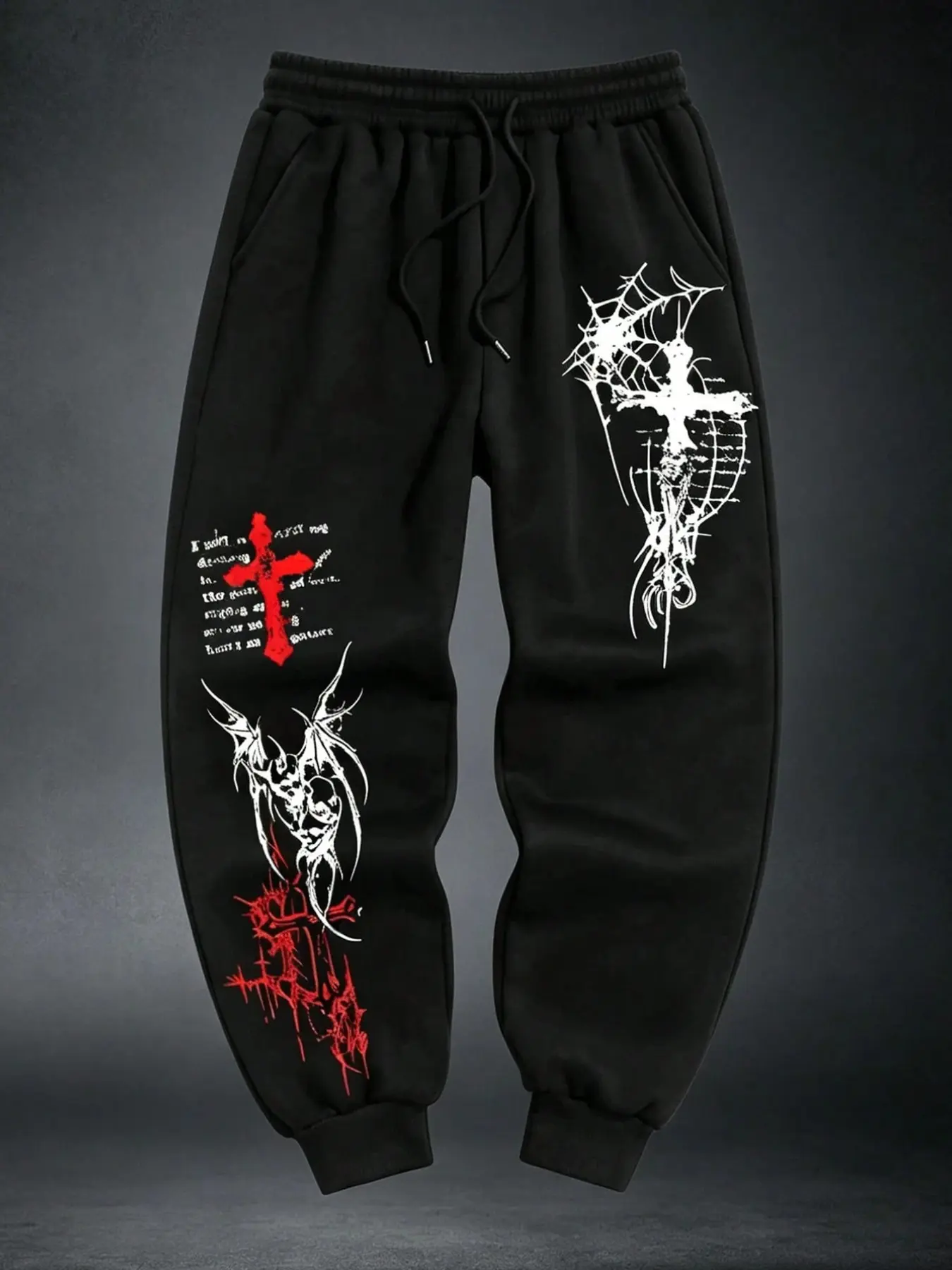 Alt Fashion Dark Gothic Graphic Joggers - Baggy Y2K Streetwear Sweatpants with Cross & Spiderweb Detail, Comfortable Elastic Waist Trackpants for Festival Rave & Hip Hop Dance