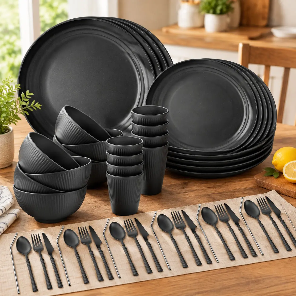 64-Piece Black Wheat Straw Dinnerware Set for 8 - Unbreakable Reusable Plates, Bowls, Cups & Utensils - Microwave & Dishwasher SafeGift