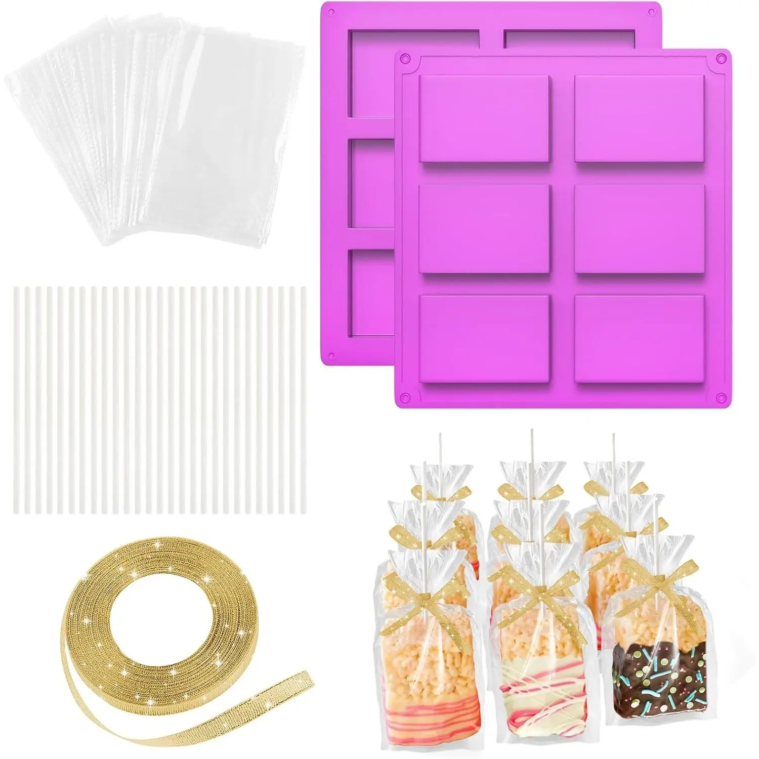 Rice Krispie Treats Making Set: 2PCS Crispy Cereal Bar Silicone Mold with 50 Clear Bags & Cake Pop Sticks, Baking Container with for Marshmallow, Individually Wrapped Chocolate Party Packaging