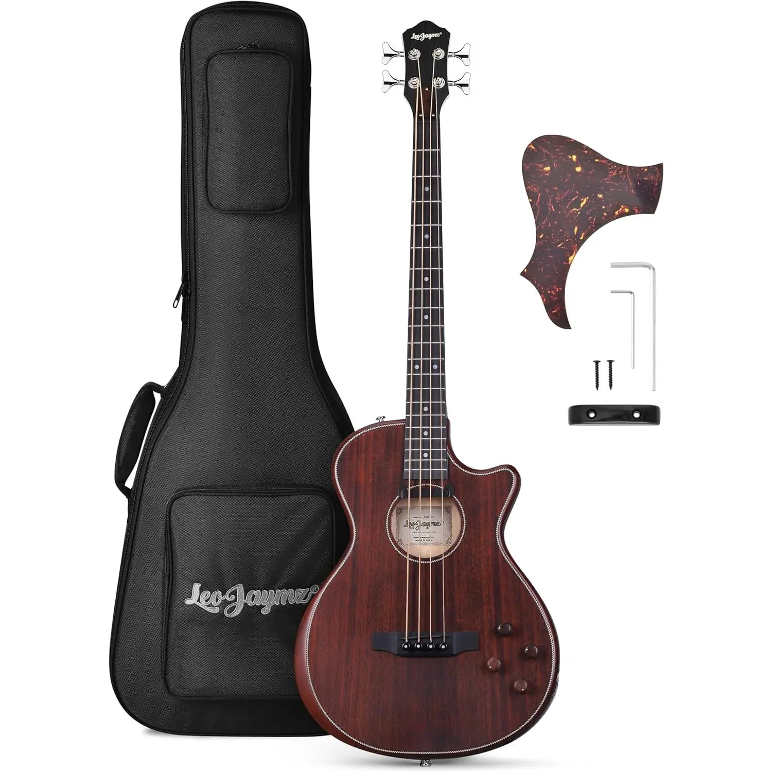 LEO JAYMZ Acoustic Electric Bass Guitar, 4 String, Mahogany Body and Top, Nickel Strings, Warm Bass Tone (Mahogany), Basswood, Glarry
