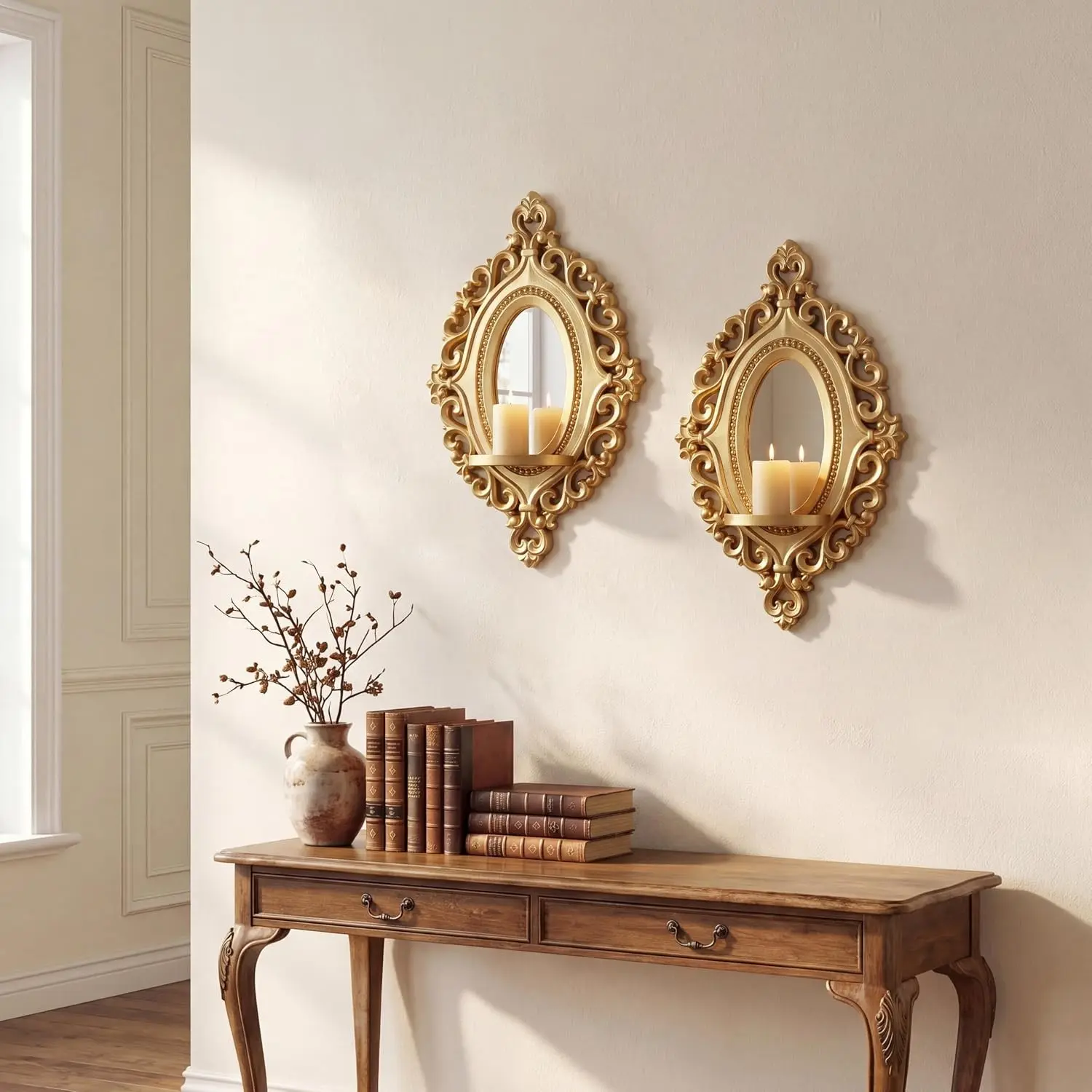 2 Set Vintage Candle Wall Sconce for Home Decor Living Room Bedroom Office Wood Antique Mirrored Victorian Mounted Candlestick Wall Holder Relief Hanging Decor Gold 11.8in