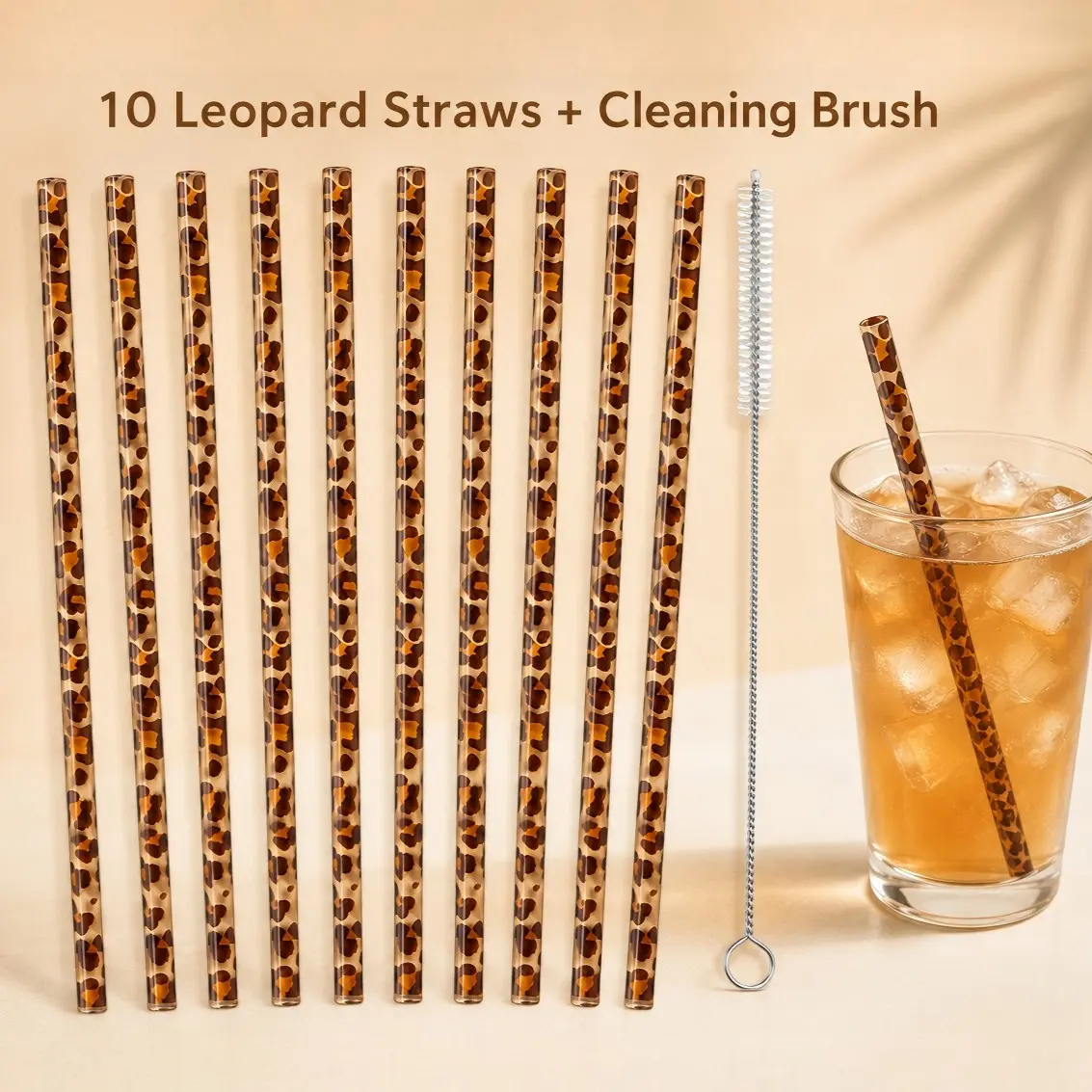 10Pcs Reusable leopard print straw, comes with 1/2 cleaning brush, long straight straw suitable for iced coffee, tea, juice and milkshake, stylish party and home beverage maker.