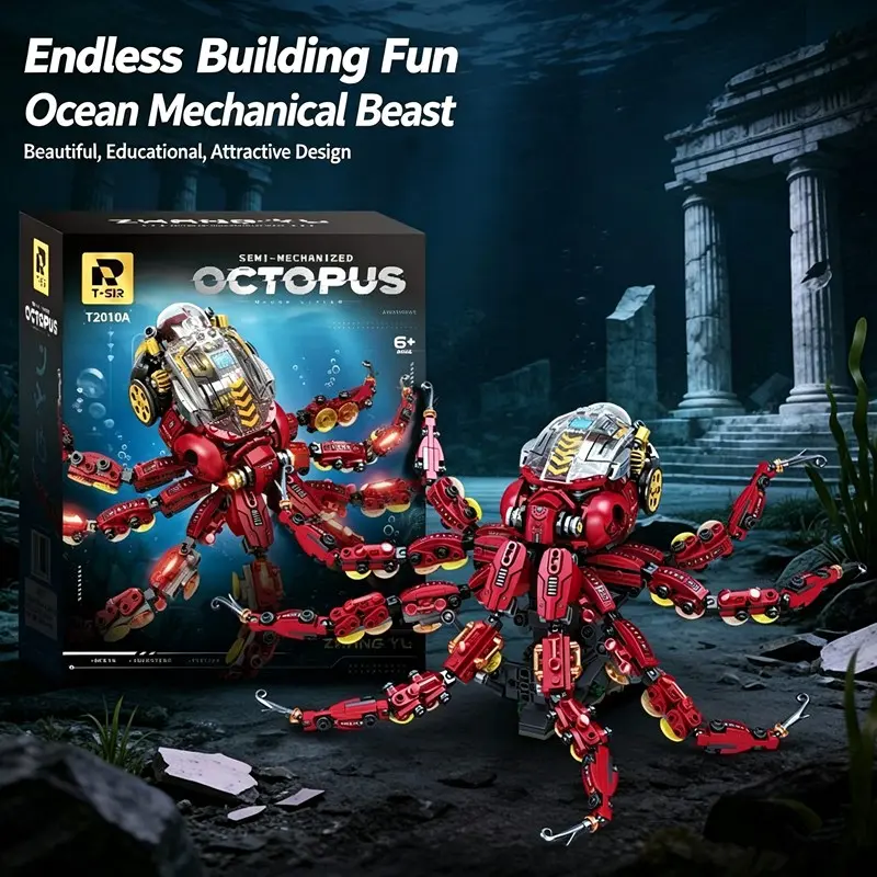1 Mechanical Sea Creature Building Kit, Sci-Fi Red Octopus Figurine with Multi-Joint Articulation & Simulated Underwater Movement, Brick Toy for Kids Teens 12-18+, Birthday Gift, 2026 Trendy Hobby Choice