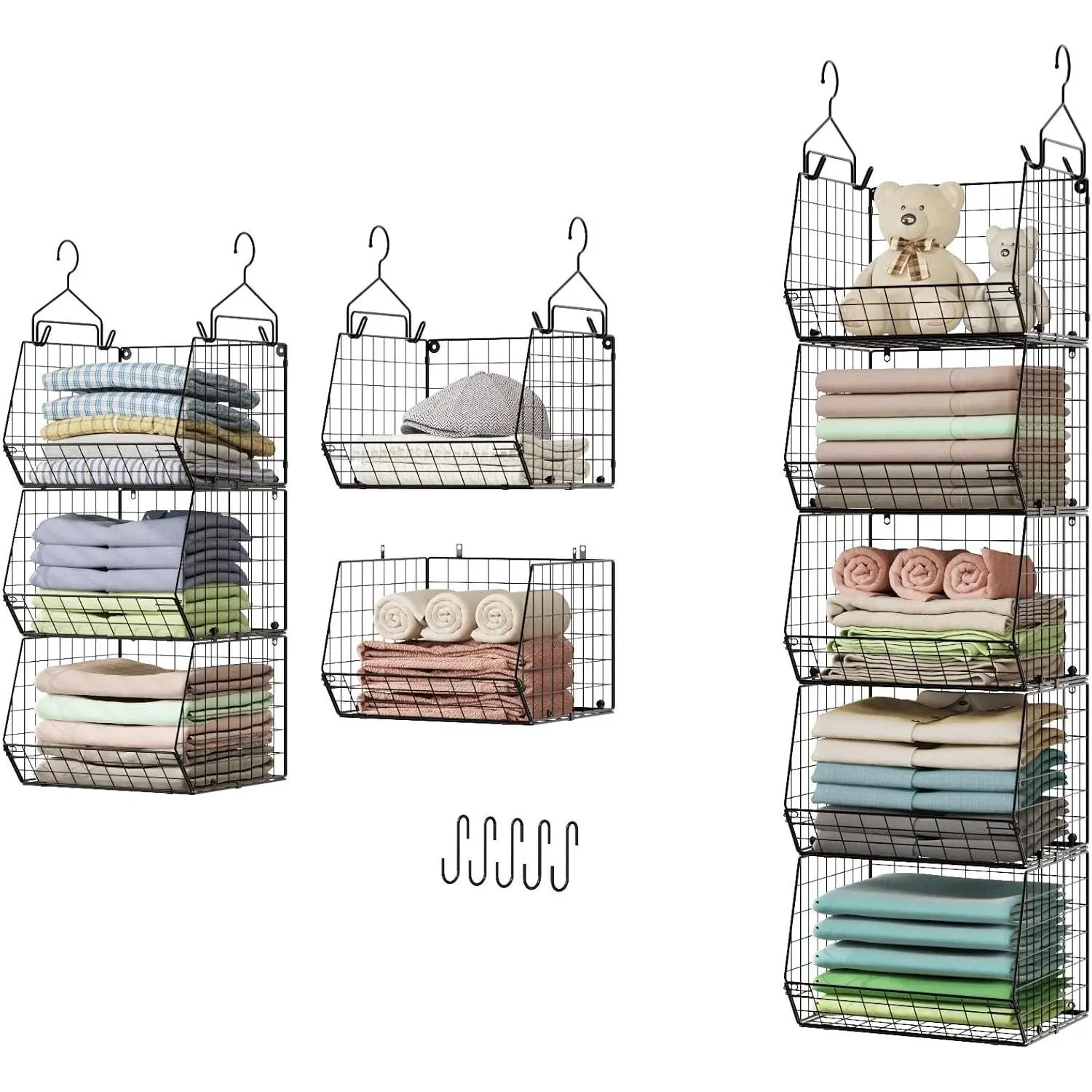 5 Tier Closet Hanging Organizer, Hanging Clothes Storage Shelves with 4 Hanging Hooks 5 S Hooks, Wire Storage Basket Bins for Clothing Sweaters Shoes Handbags Clutches Accessories Patent Design